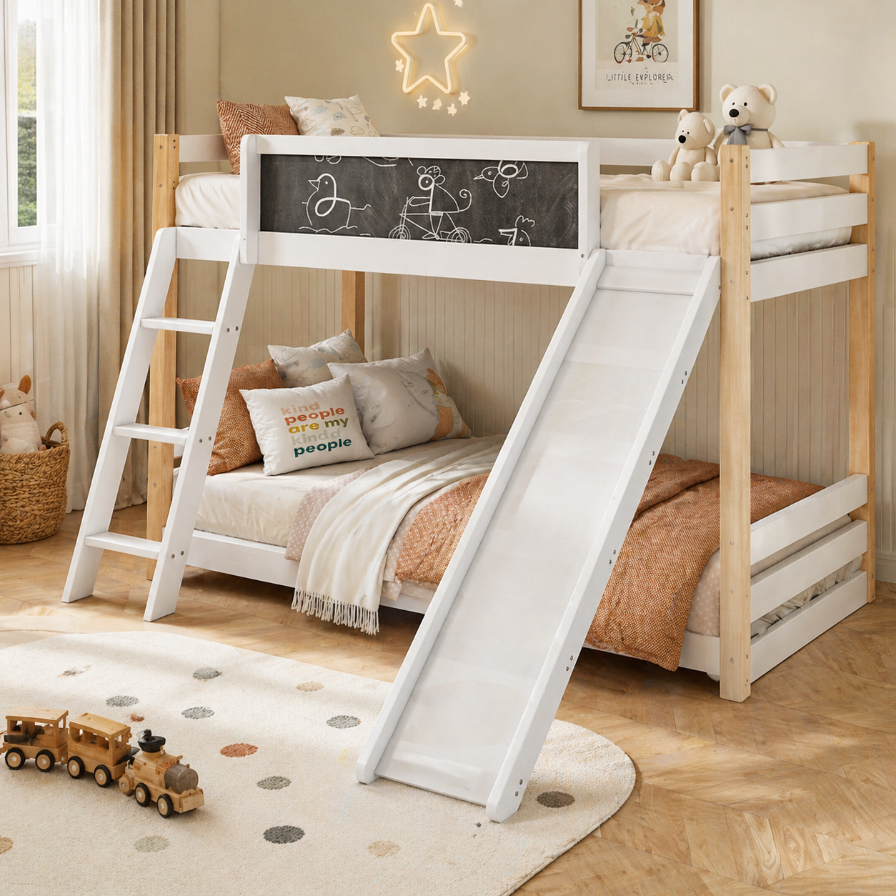 Old SKU W1880S00036 Bunk Bed For Children With Slide & Stairs, Stable Wood PB Frame, 4-sided Protective Rail, Environmentally Friendly 747 Certified, Suitable For 90X200 & 90X190 Cm Mattresses, Simpl