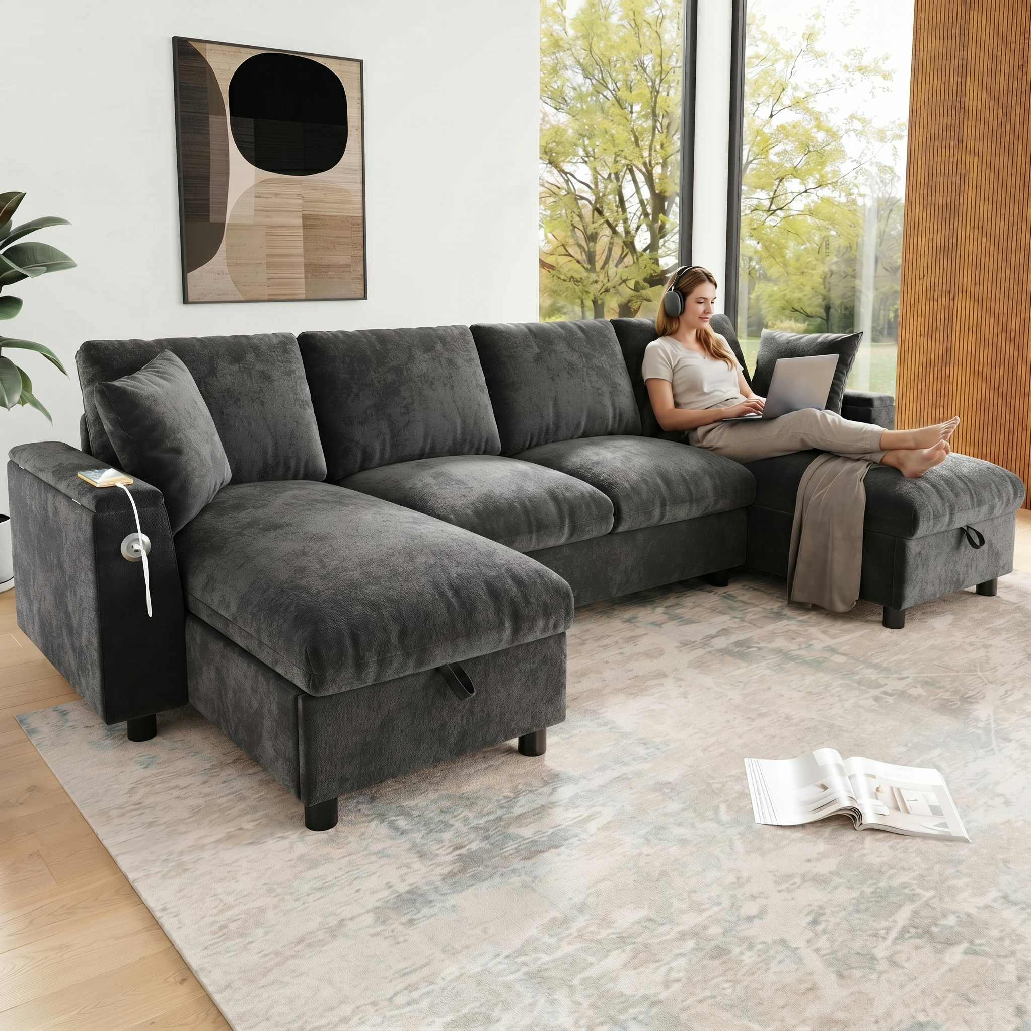 Modern U-shaped Sofa In Chenille  2-seater  Two Chaise Longue Elements , Chaise Longues With Hinged Storage, With 1 USB Port And 1 Type-C Port, Grey, Dimensions 284 X135 X84 Cm