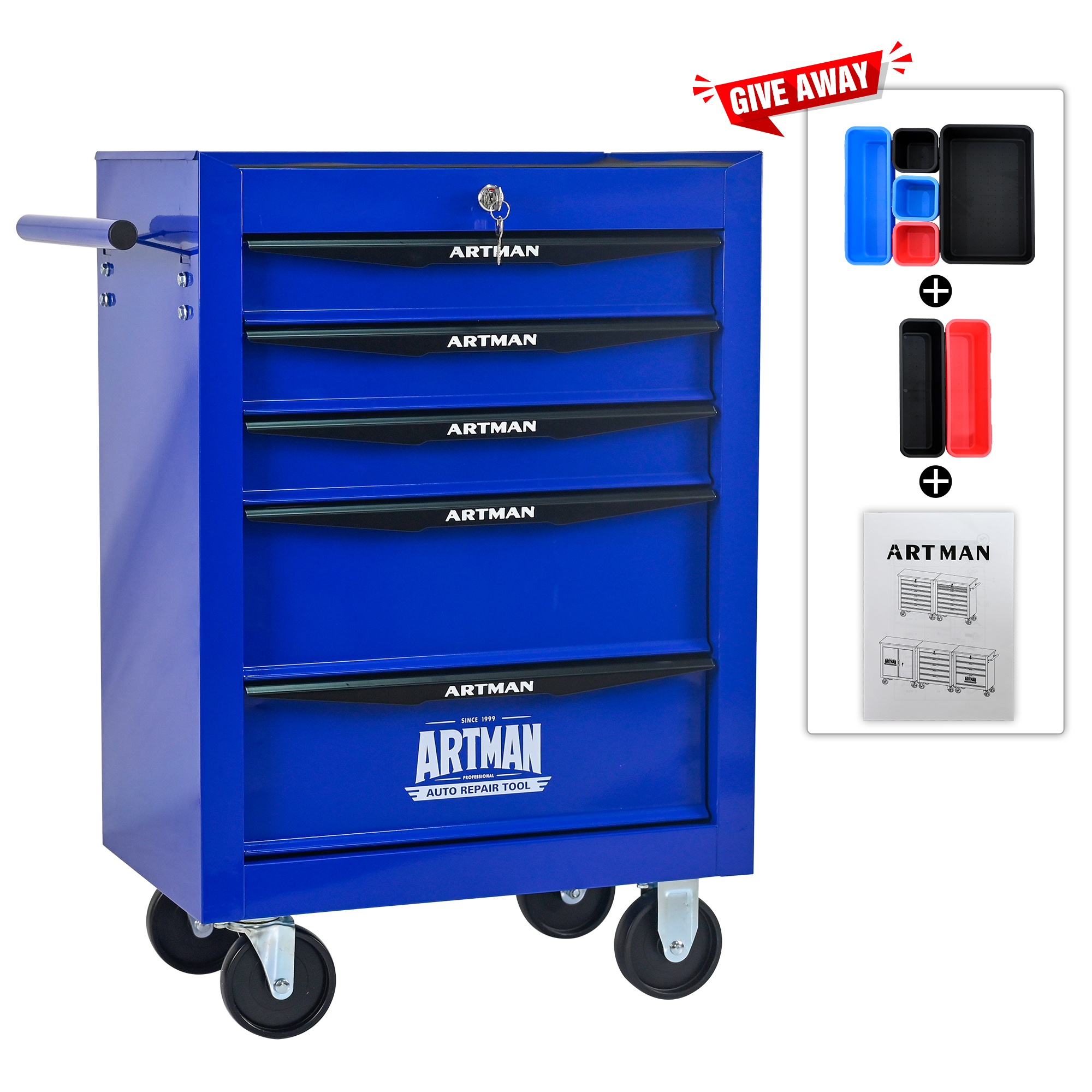 Rolling Metal Toolbox With 5 Drawers, 5 Shy Tool Cabinet With Ball Bearing Drawer Slides, Steel Tool Storage Box Organizer Black&BLUE