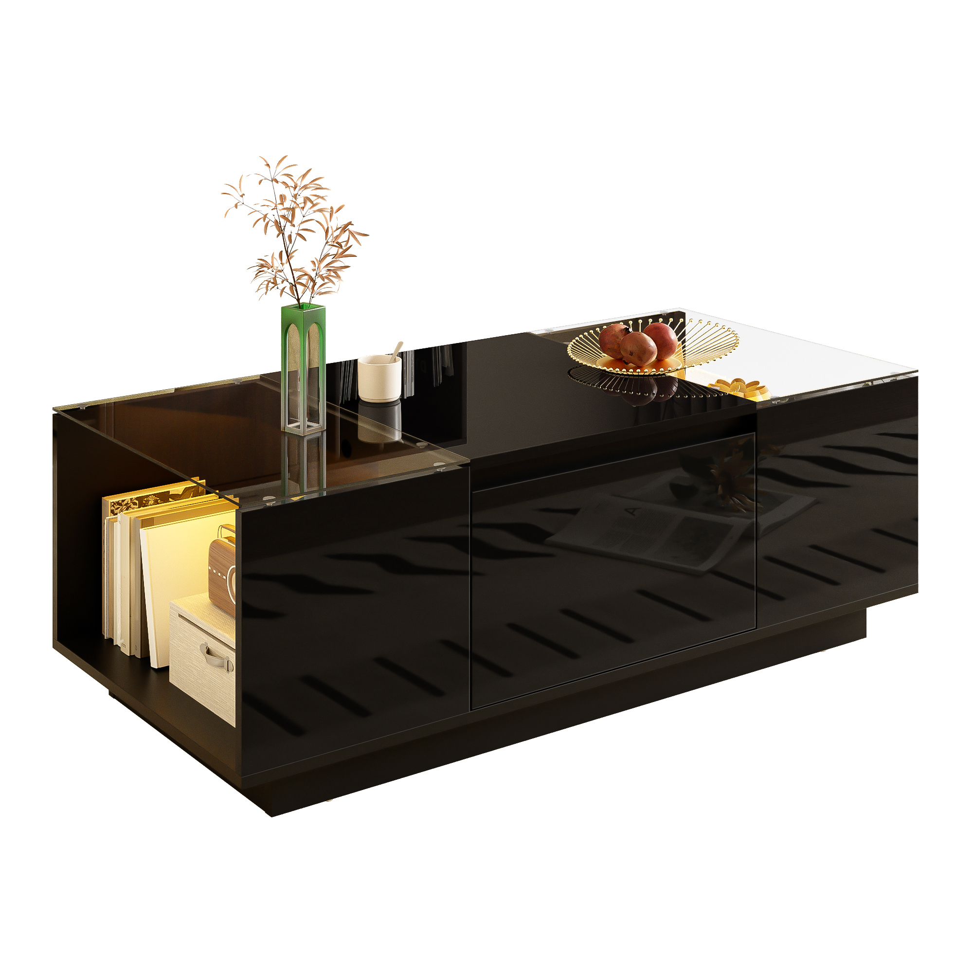 105 Cm Modern Minimalist Coffee Table With Storage, LED Mood Lighting, Glass Top And 2 Drawers