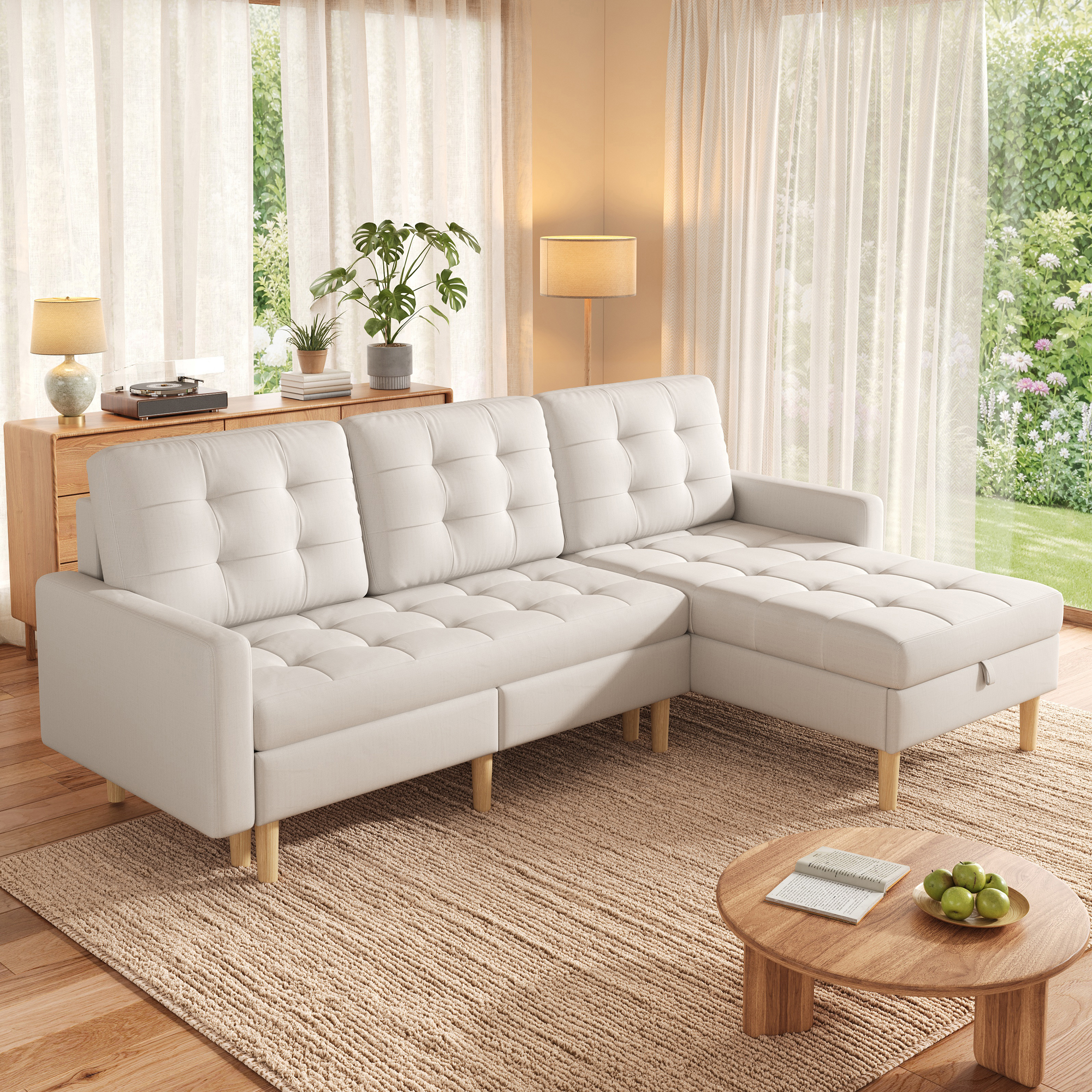 212x130x86cm Corner Sofa With Storage, L Sofa Changeable Chaise Longue, 3 Seater Corner Couch Non-woven Fabric, Corner Sofa For Small Apartment, Couch With Storage Compartment, Beige Living Room Sofa