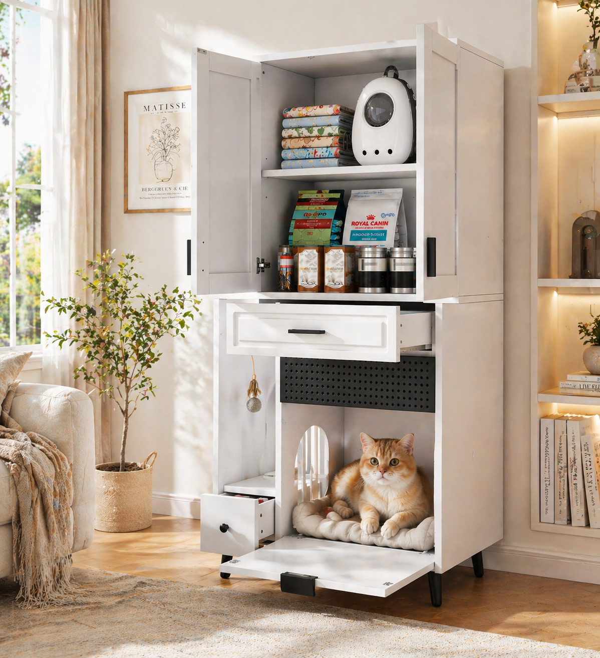 Multifunctional Cat Storage Cabinet  Sturdy Construction With Divider Storage, Movable Shelves, Drawers And Cat Bed Area, Perfect Cozy Activity Place For Cats