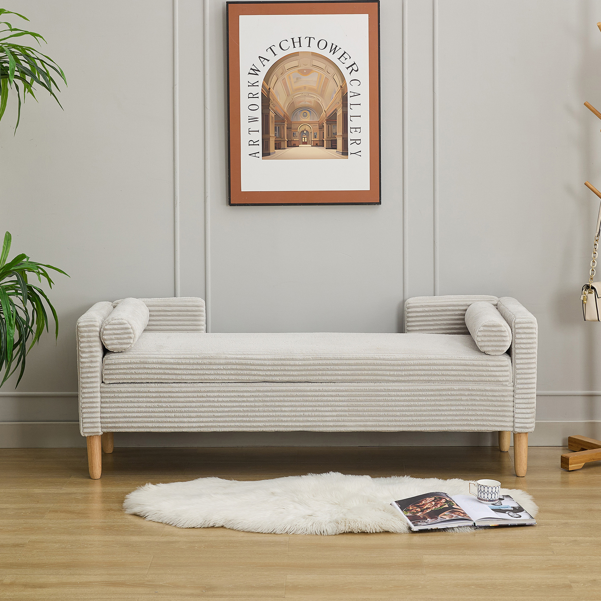 Velvet Velvet Storage Stool With Armrests, Backrest And Two Rolling Cushions  For Living Room, Entrance And Bedroom,GRAY