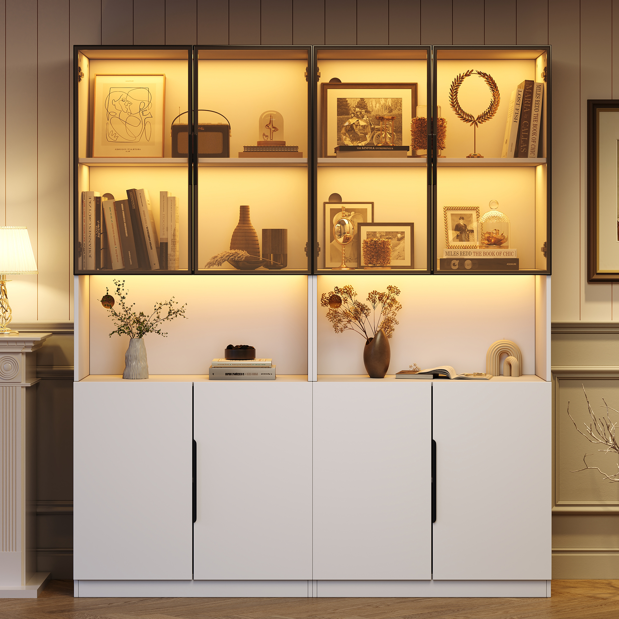 Vitrine minimaliste moderne avec portes en verre, vitrine avec lumières LED