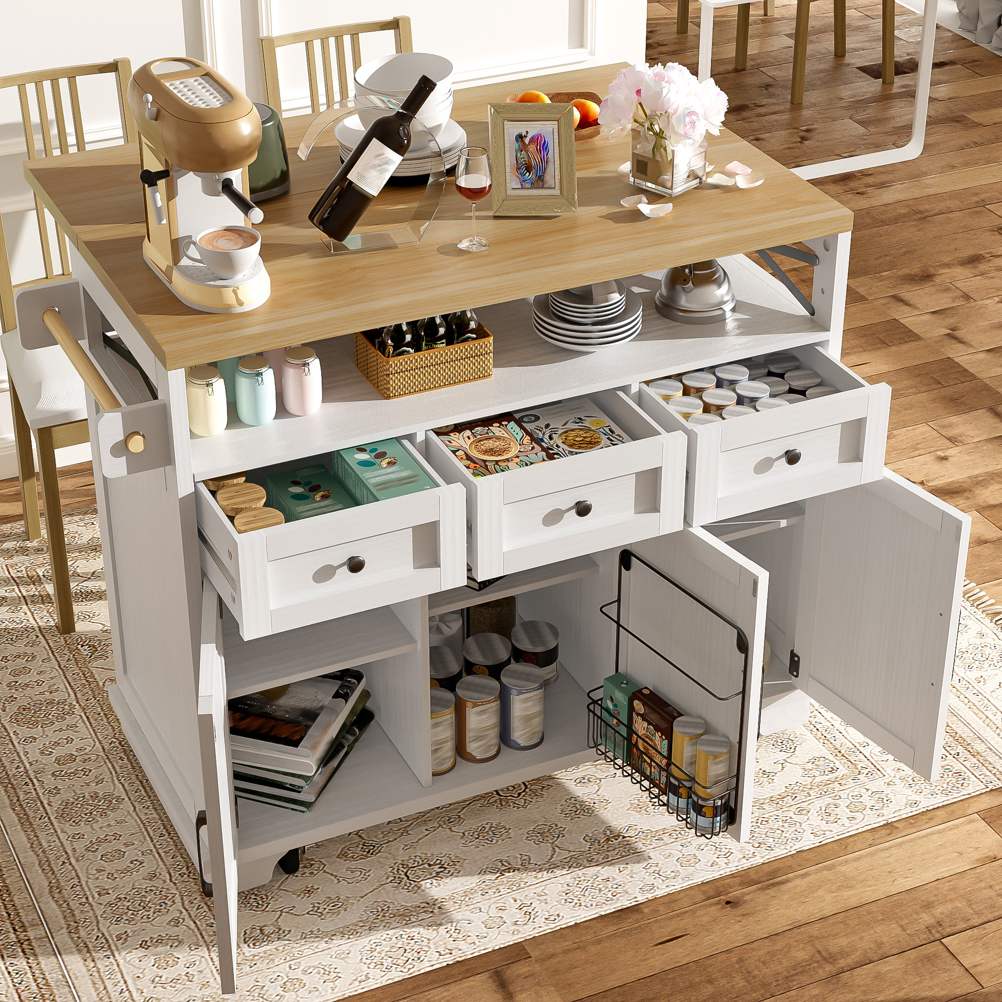 Modern Kitchen Island  118x43x98cm Kitchen Cabinet Dining Cabinet With Wood Grain Dining Trolley On Castors With Multifunctional Storage Space, Removable Dividers, With Towel Rail, White