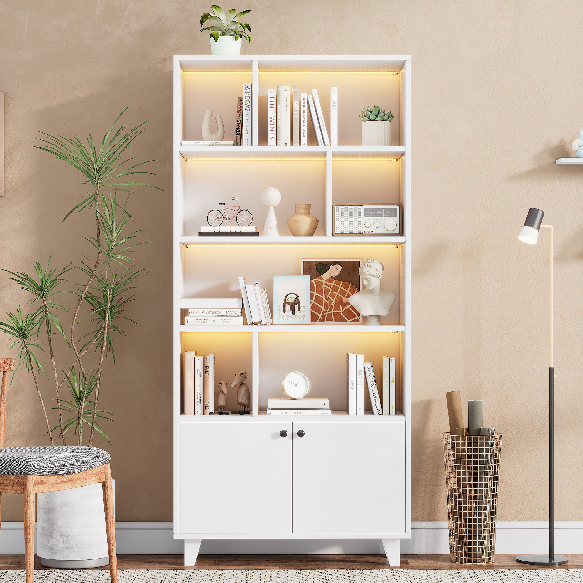 80x30x173cmBookcase, Solid Wood Legs, Multiple Storage Compartments, Double Doors, LED Color-changing Ambient Light, App Control, Simple Shape,white