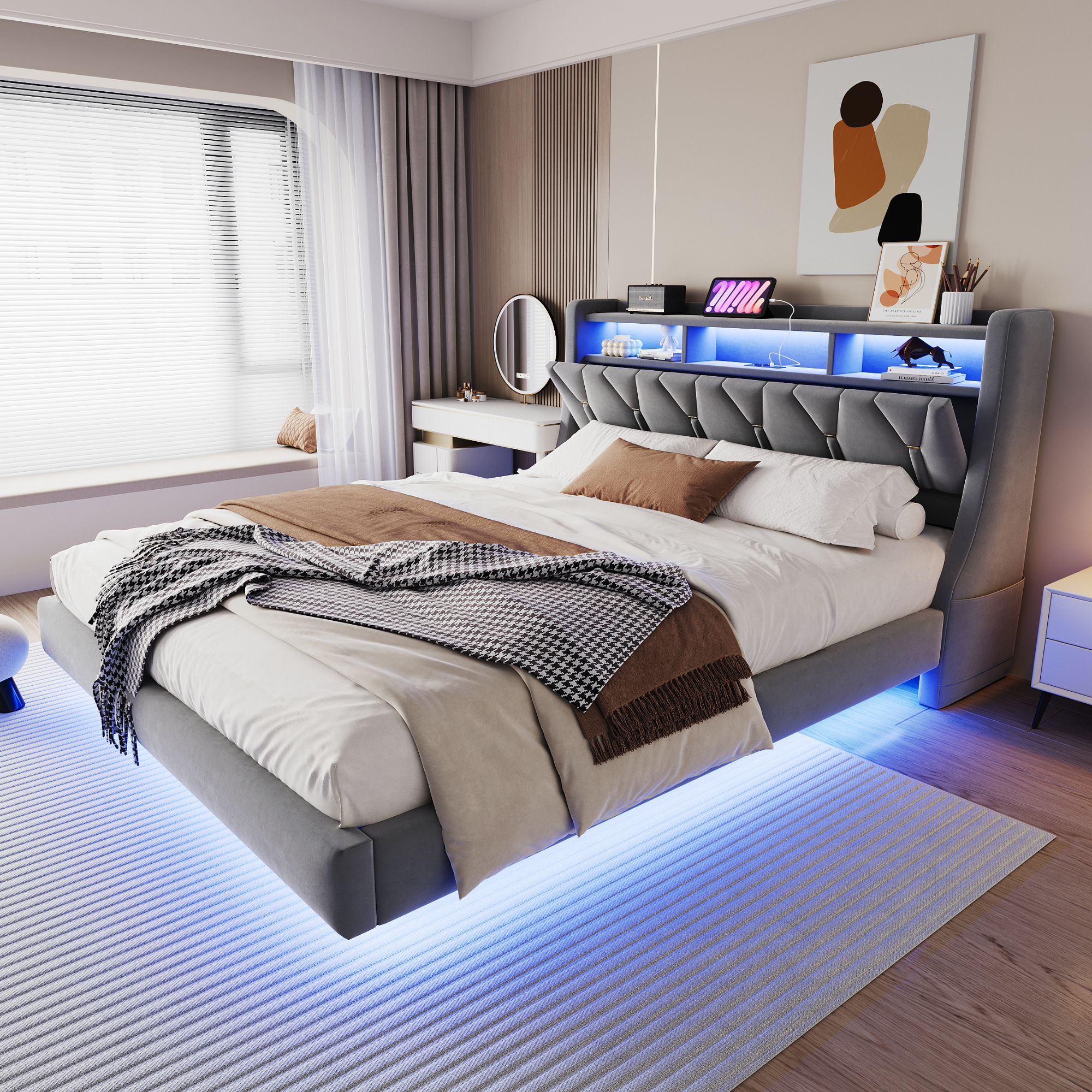 Upholstered Bed 180 X 200 Cm, Foldable Headboard With Socket And Storage Compartment, LED Lighting, Upholstered Headboard, Widened Bed Legs, Floating Bed Design Velvet Fabric Grey Old SKU LDU00417AAE