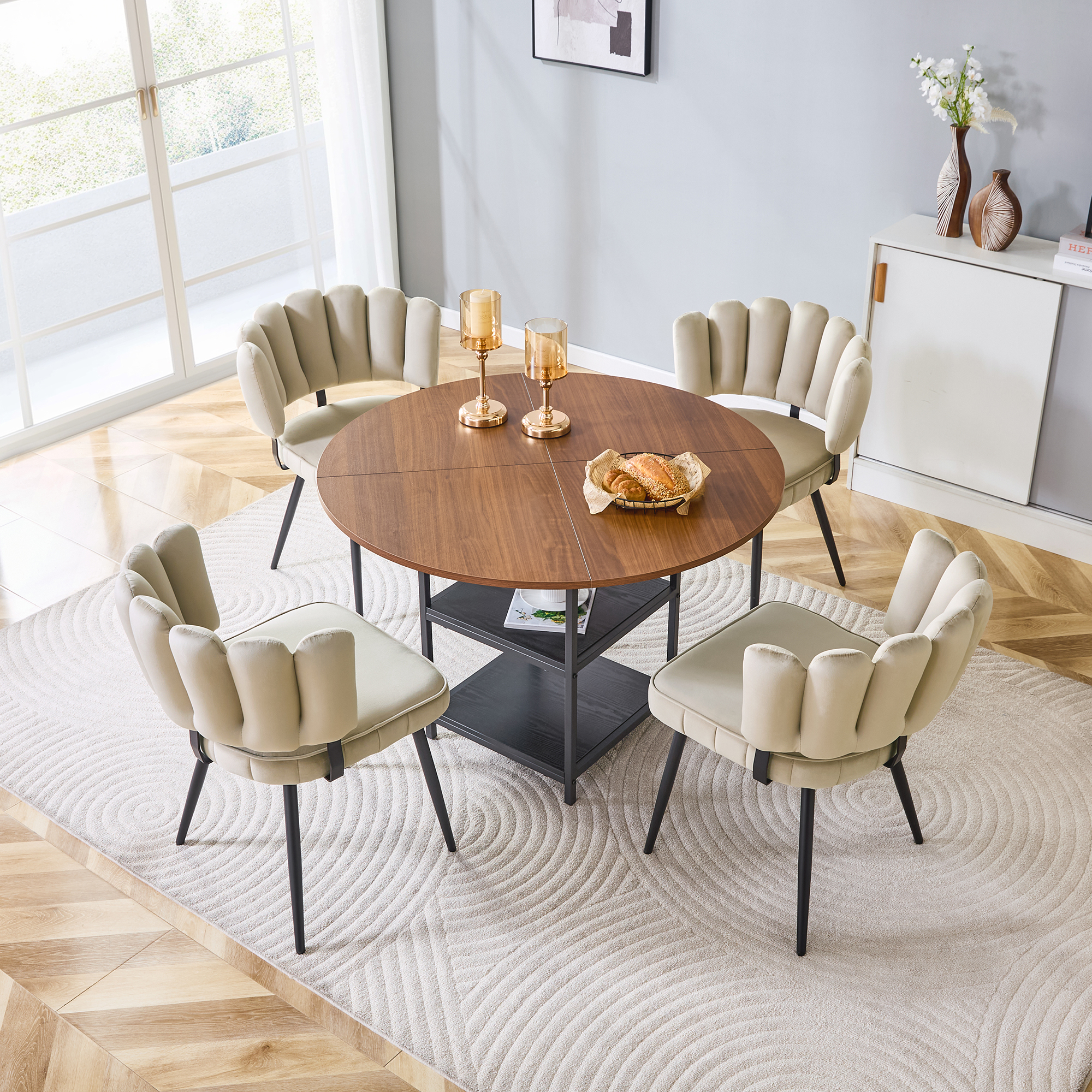 Table And Chair Set. Round 107 Cm Walnut Dining Table With Double Storage Level  4 Light Brown Fabric Dining Chairs With Flower-shaped Backrest   Ideal For Small Apartments.