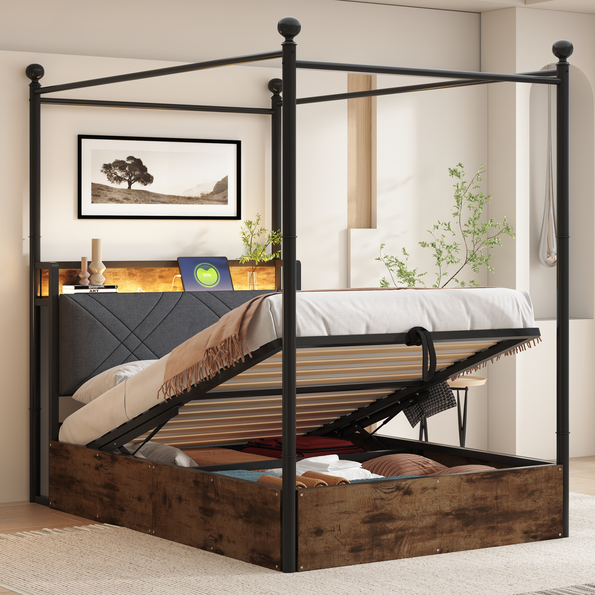 Multifunctional Iron Single Bed 90x190, With Hydraulically Liftable Bed Storage And Wrought Iron Canopy, With Removable Bed Posts With LED Lighting And USB Type-C, Youth Bed, Black
