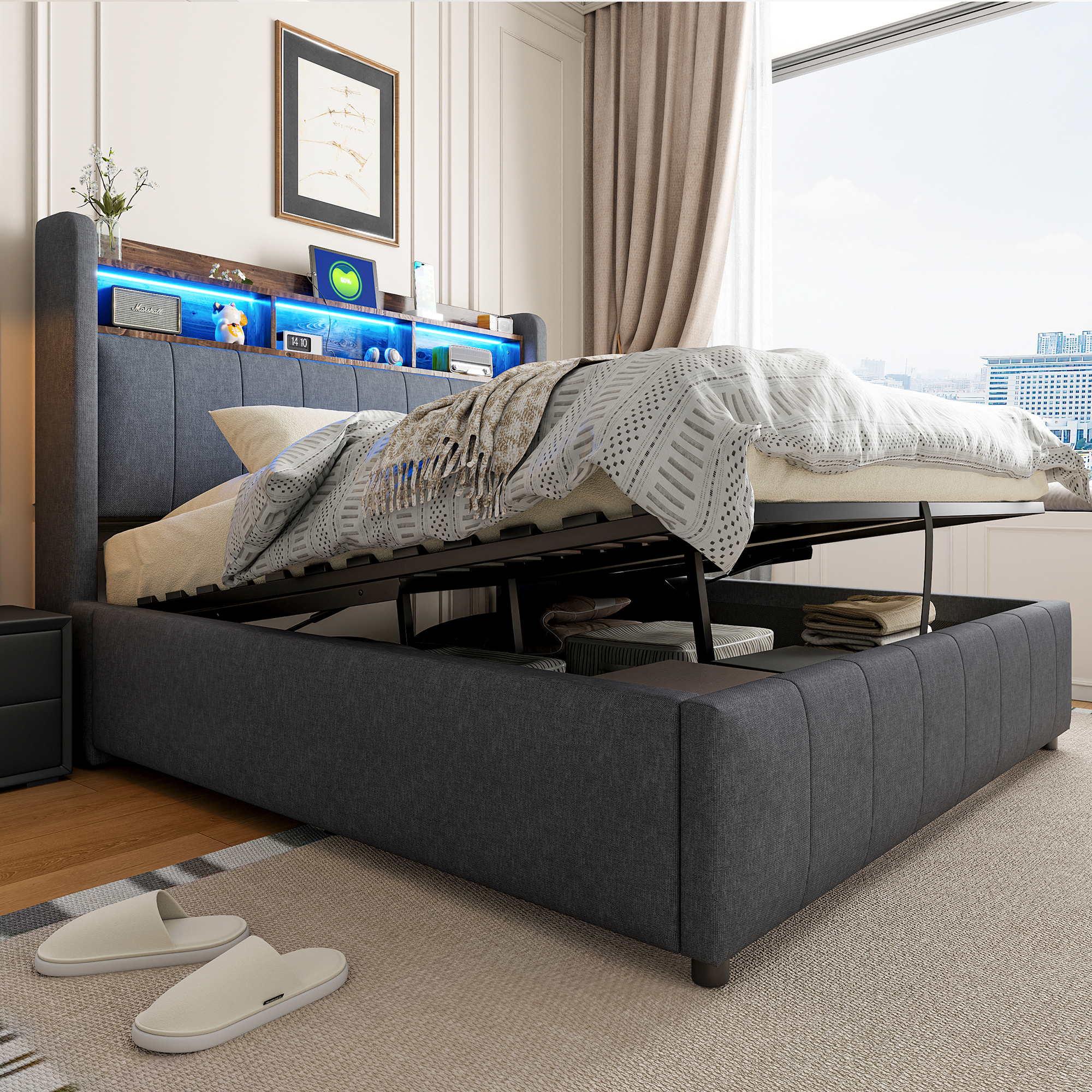 Upholstered Bed 140X200cm With LED Lighting And USB Socket, Headboard With Shelves And Storage Space, With Hydraulics For Storage, Adult Bed Double, Linen Fabric Grey