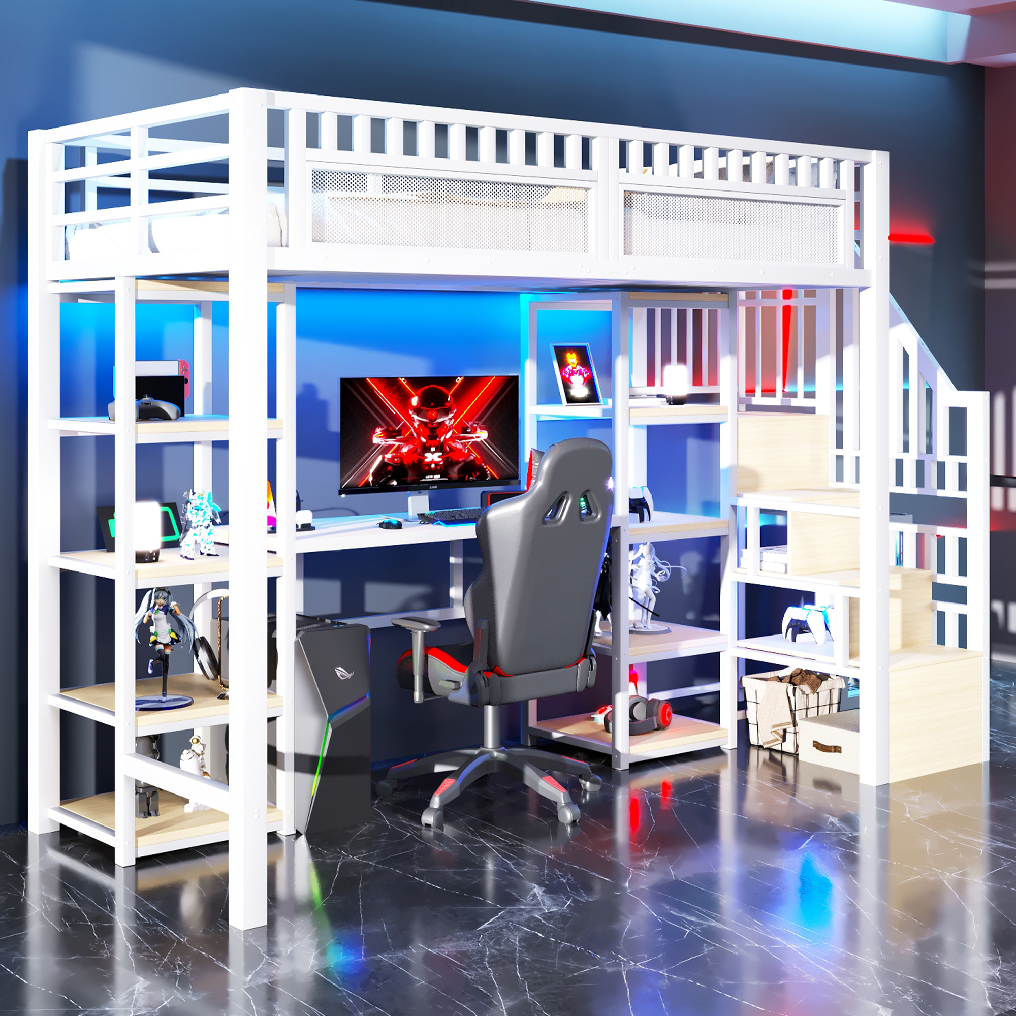 Loft Bed, 90 X 200 Cm, Iron Frame, Storage Compartment, Ladder With Storage Space, Desk, LED Light Strip, USB Port Included, Without Mattress, White