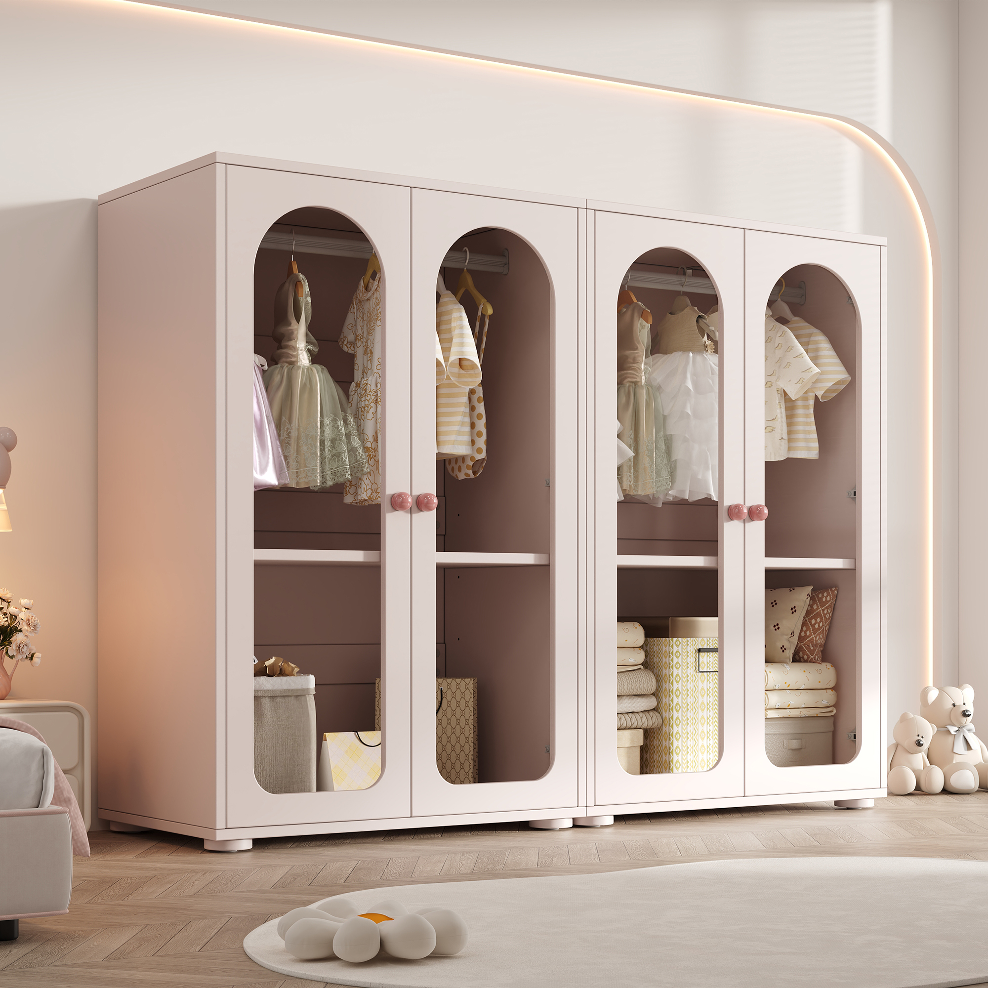 2-door Wardrobe, Vinyl Wardrobe, Bedroom Storage Wardrobe, Children's Wardrobe, With Clothes Rail, Acrylic Transparent Doors, Ceramic Handles, Baby Pink, Set Of 2, 160x50x120 Cm