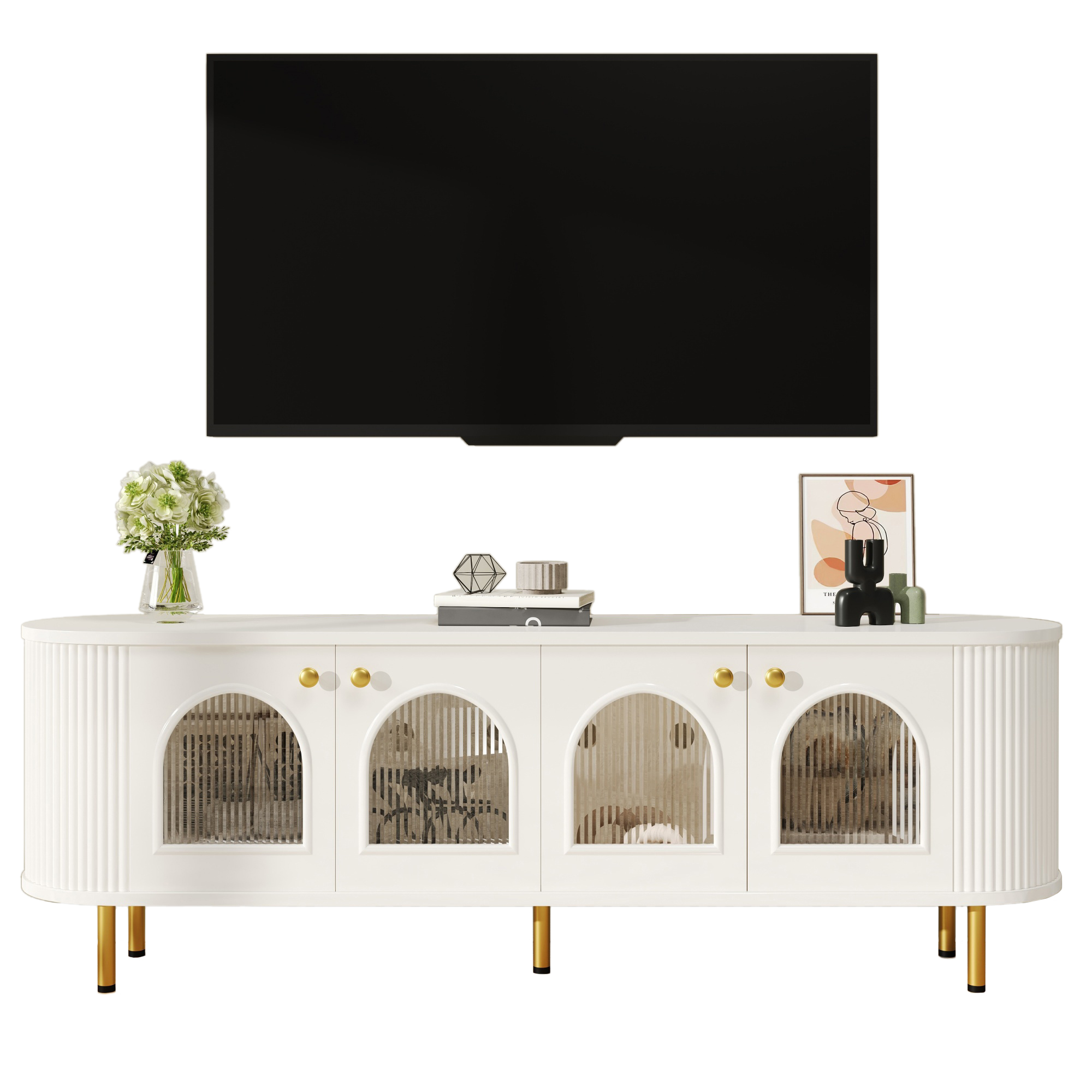 TV Cabinet, Lowboard With Glass Doors, Practical Storage Furniture For The Living Room, Golden Handles And Legs