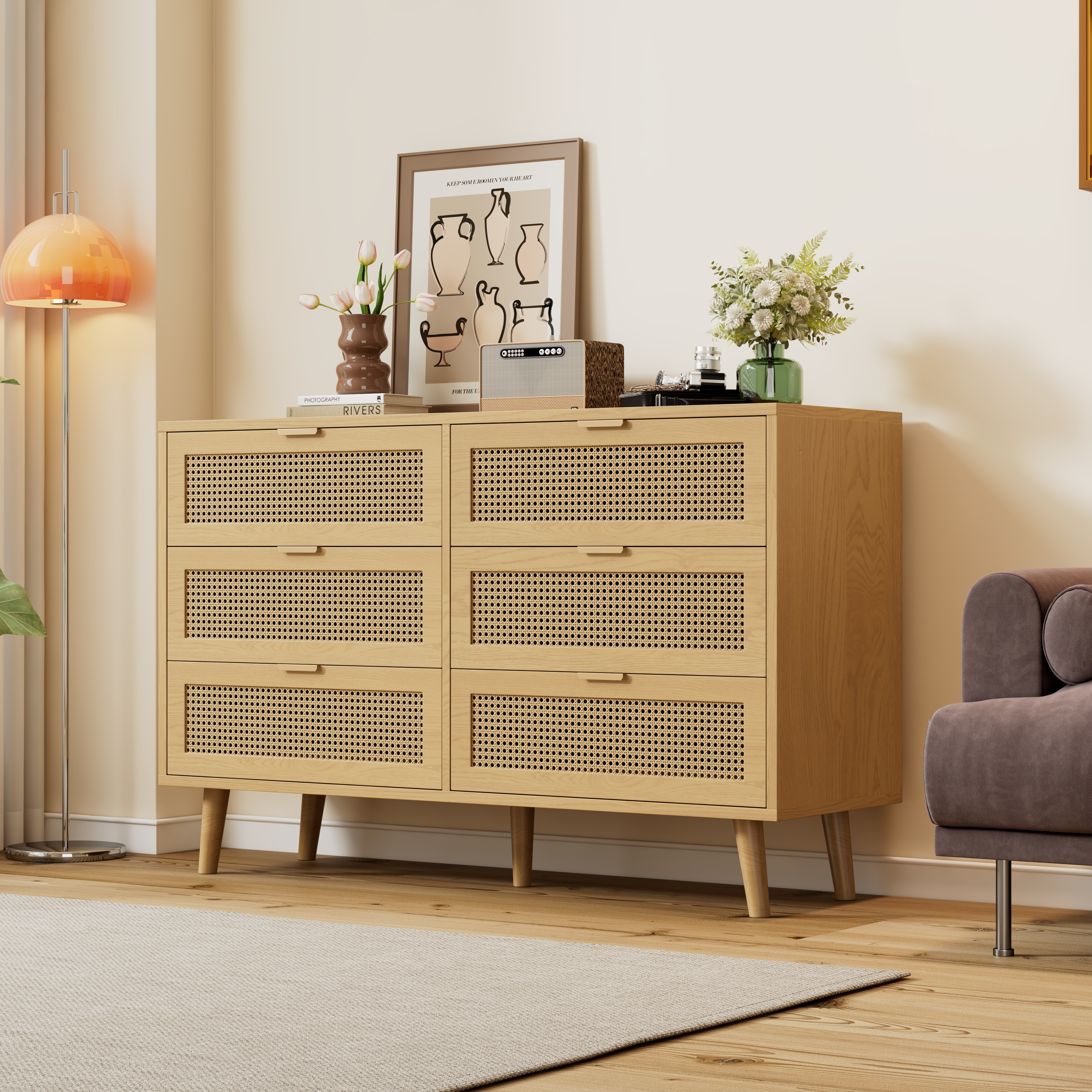 Chest Of Drawers With 6 Drawers, Sideboard Drawer Cabinet Made Of Wood, Drawer Chest Of Drawers With Metal Handles, For Bedroom, Living Room, Office, Sideboard Highboard With Plenty Of Storage Space,