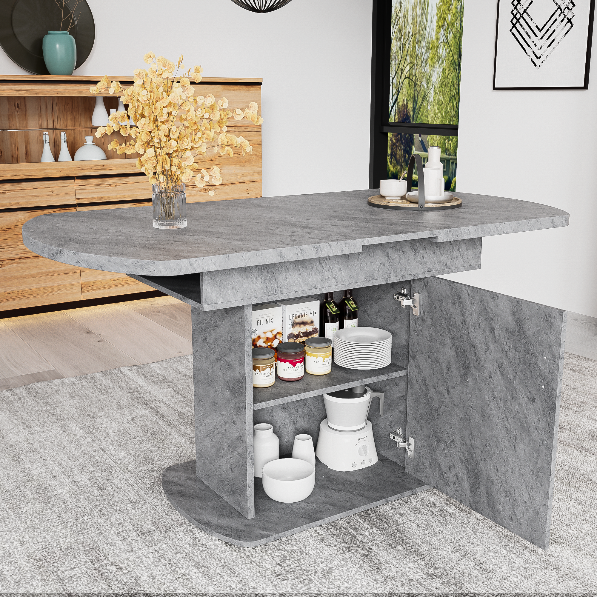Extendable Oval Dining Table, L110 130XW70XH75cm,Dining Table With Storage, Coffee Leisure Table, Modern Minimalist Dining Table, Space-Saving Multifunctional Dining Table, Concrete Look Silver Handle