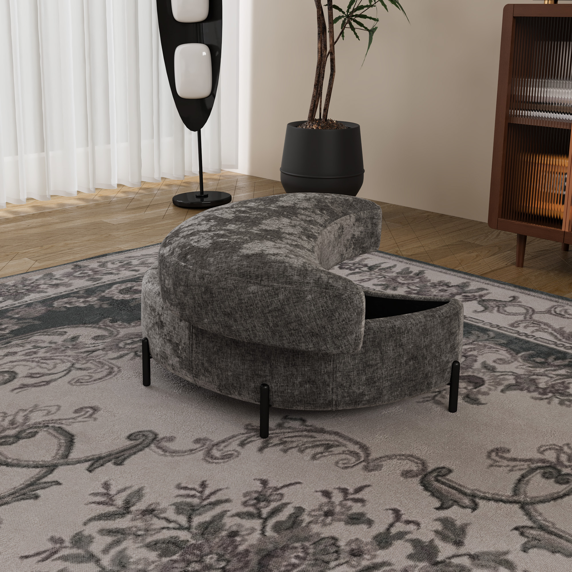 Chenille Covered Half-Moon Storage Stool With Tray, Serves As Side Table, Upholstered Seat, Dressing & Shoe Stool And Footrest For Living Room, Entrance & Hallway, Gray