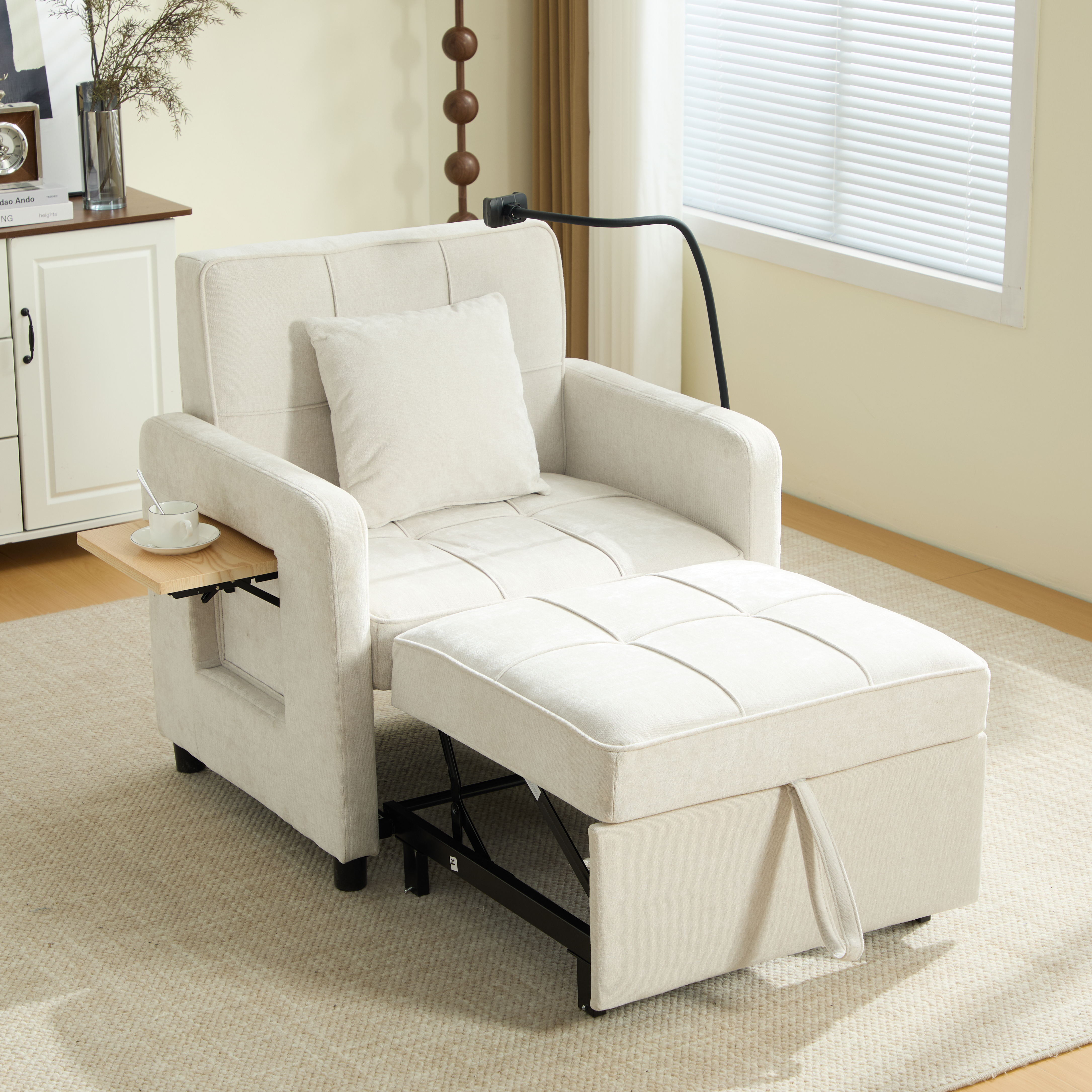 Two-in-one Sofa Bed, Single Sofa Bed, Armchair  With Cushions And Side Pockets , With A Small Table On One Side And A Storage Bag On The Other  Beige 