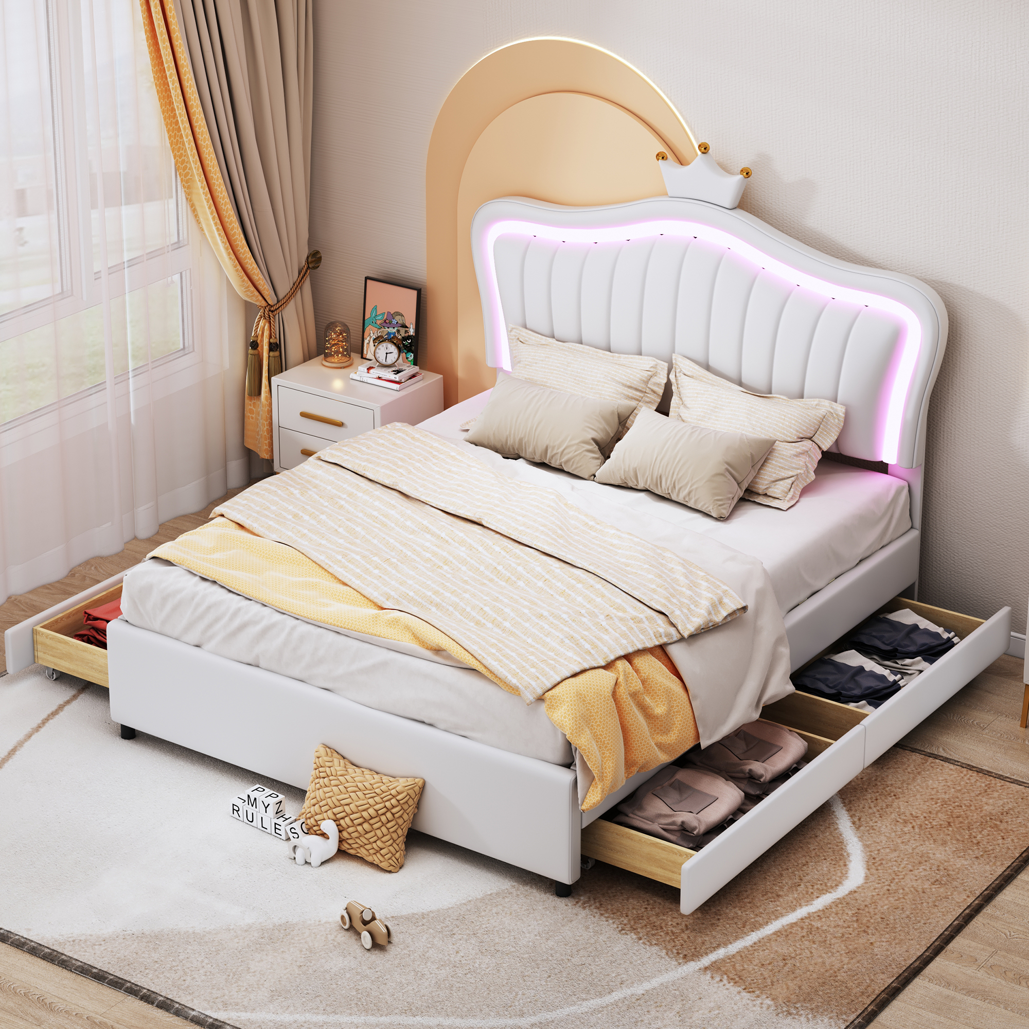 Children's Bed Upholstered Bed 140 X 200 Cm, White Crown Girl Single Bed Frame Made Of PU Leather With Storage Drawers, LED Lights, Slatted Base And Backrest