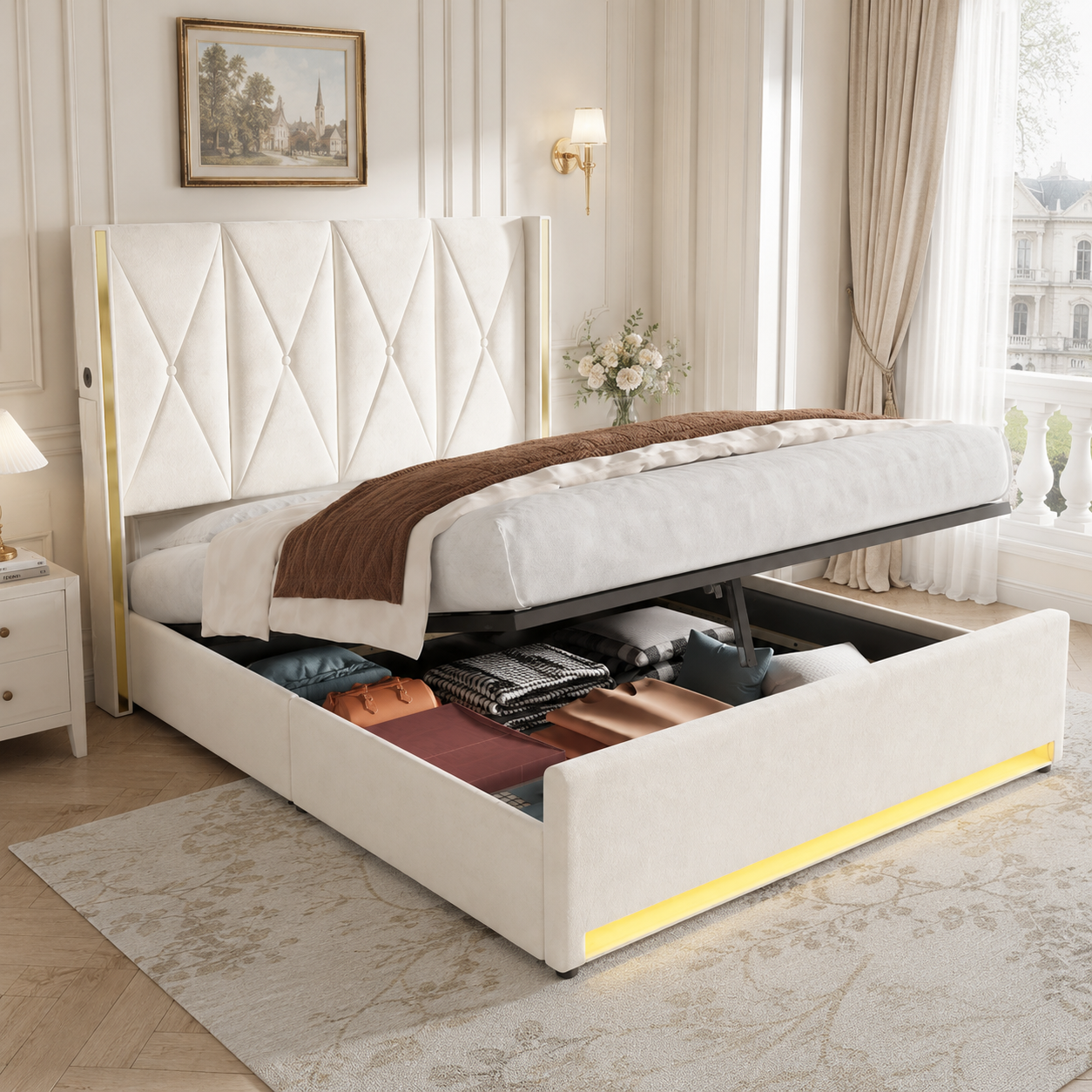 Velour Bed With High, Softly Padded And Quilted Headboard, Side Pockets, USB & LED, Hydraulic Lever System & Large Underbed Storage Space  Combines Design, Comfort And Practicality.160x200cm