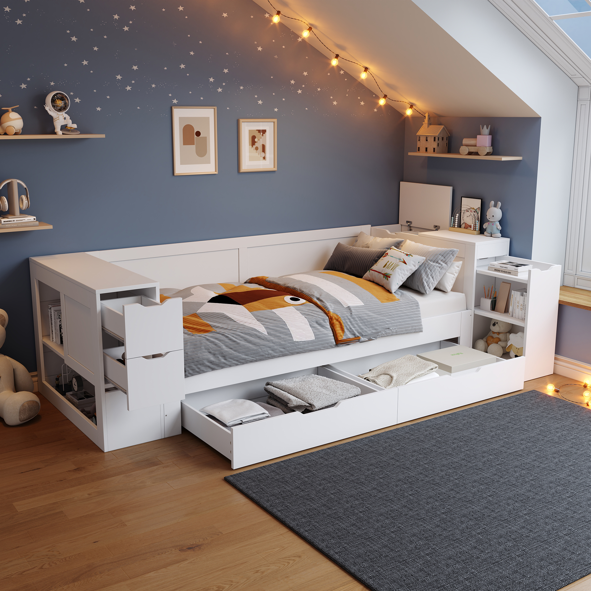 Children's Bed,daybed, 90 X 200 Cm, Single Bed, Multifunctional Cot With Drawers, Shelves And Storage, With Bedside Table,with Storage Space, Without Mattress, White