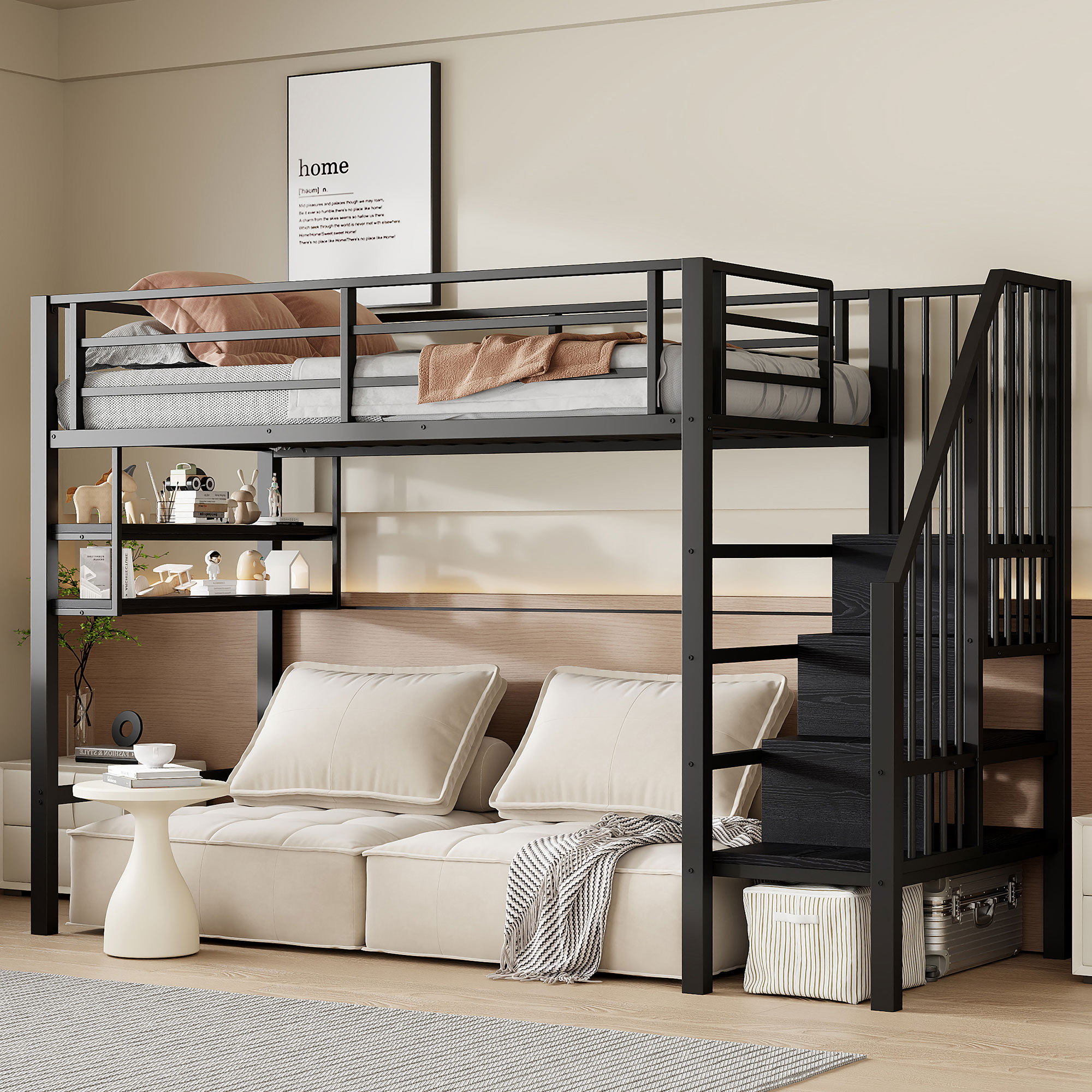 Loft Bed, 90x200cm , Shelves, Storage Ladder, Free Space Under The Bed For Dressing, Railing, Without Mattress, Black