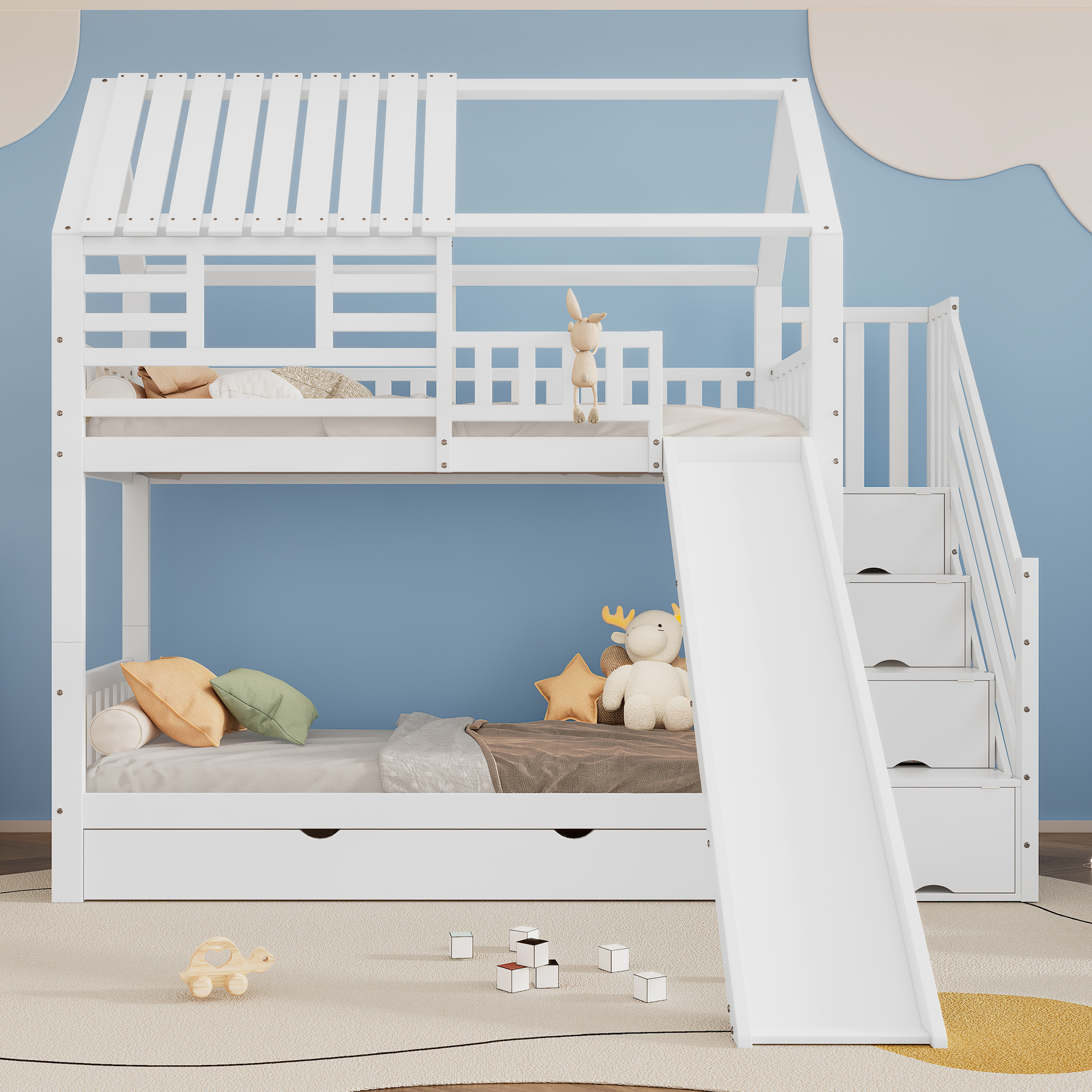 318719012WAA    Bunk Bed With Stairs And Slide, House Bed, Stairs With Storage, Pine And MDF Frame, Cot With Window And Roof, With Safety Gate And Drawer, White, 90X200cmX2
