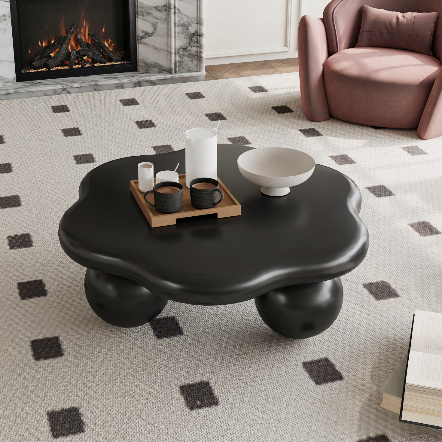 80cm Black Cloud Shaped Coffee Table, Petal-Shaped Modern Minimalist Coffee Table With Spherical Legs, Matte Black Kid & Pet Friendly Space Saving Living Room Table For Small Apartment, Matte Blac