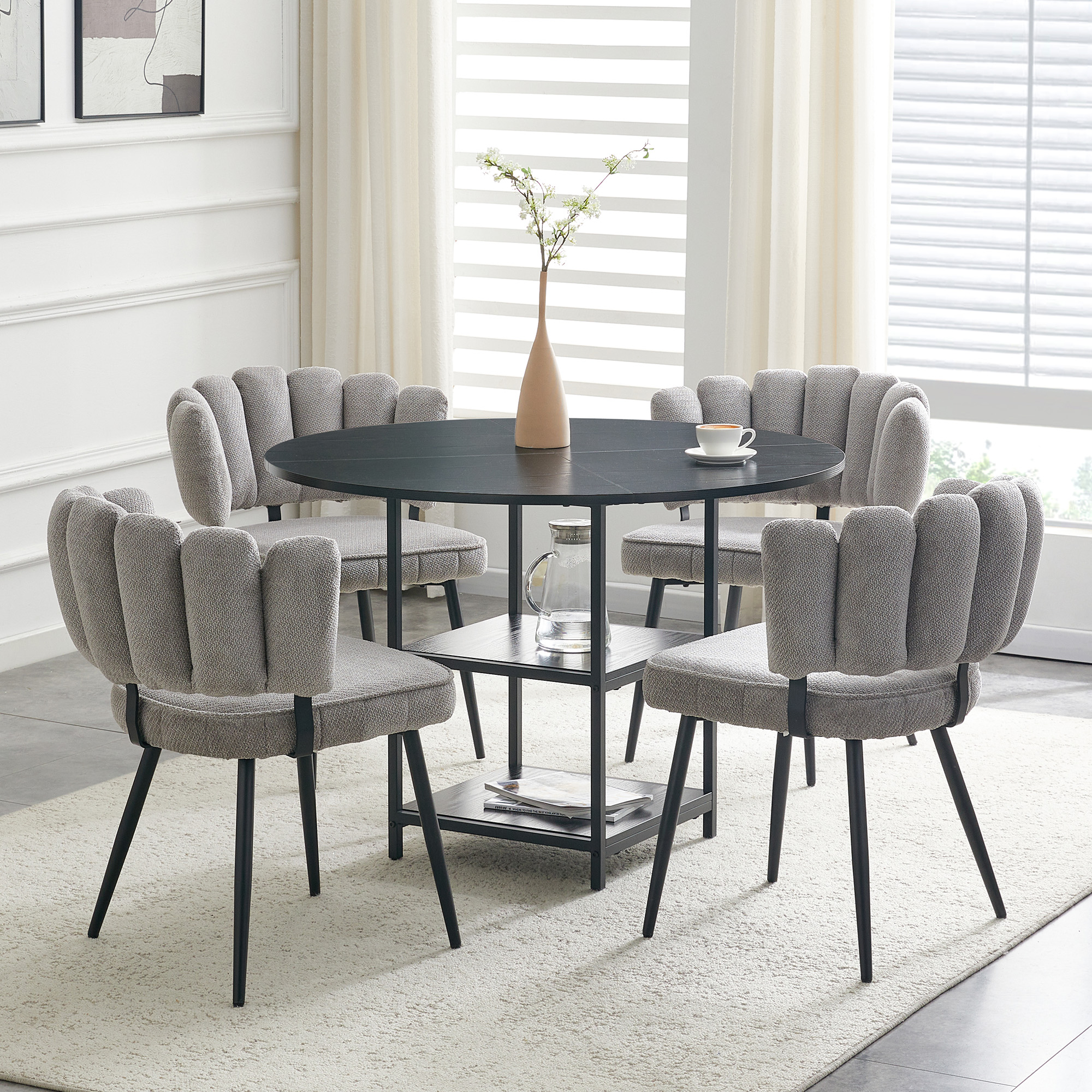 Table And Chair Set Round 107 Cm Dining Table With Double Storage Level  4 Grey Dining Chairs With Flower-shaped Backrest In Textured Fabric  Industrial Style Set For Small Apartments.