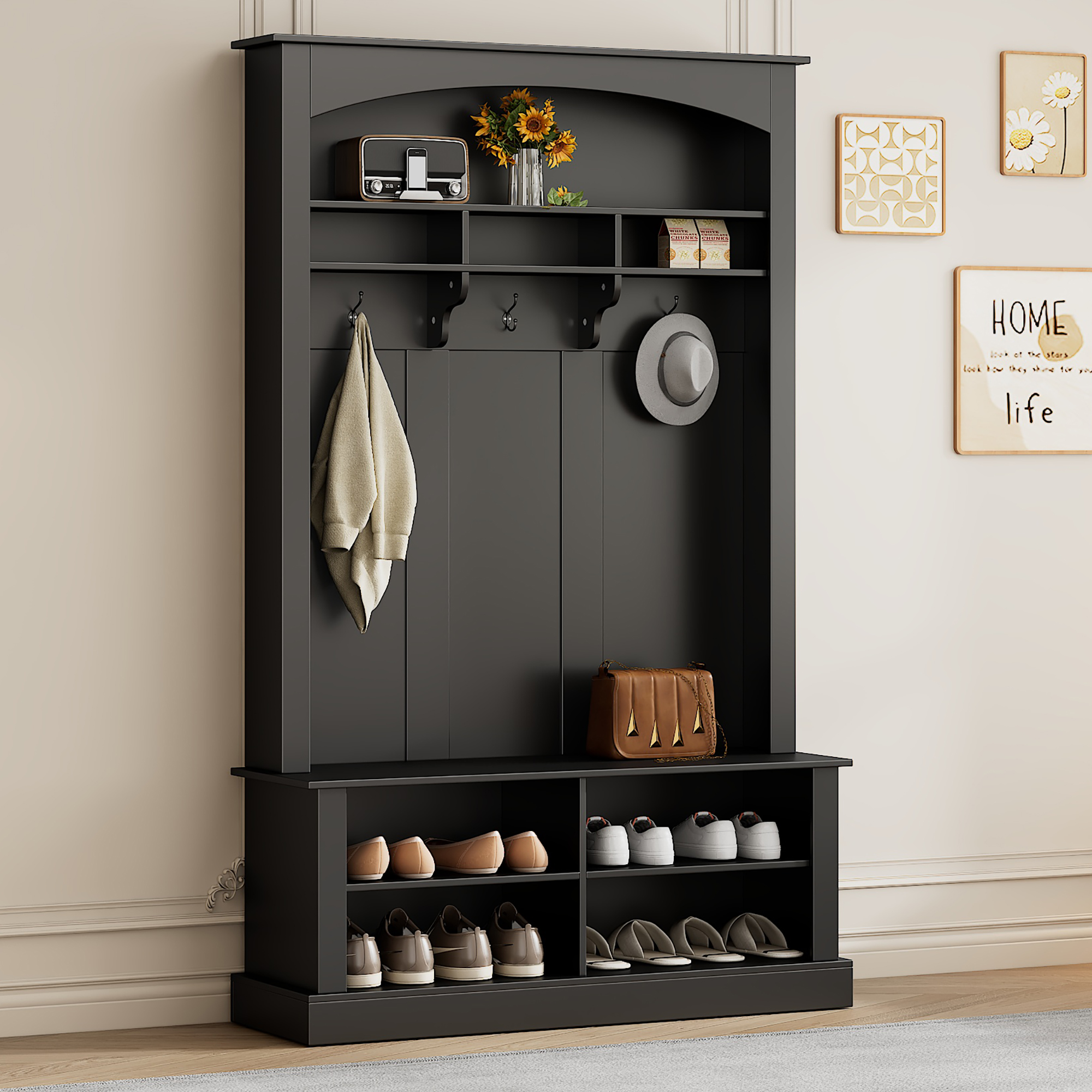 Coat Rack Set With Bench And Shoe Rack, Multifunctional Storage Bench With 3 Hanging Hooks & Open Storage Space, Rectangular Storage & Shelves Coat Rack For Hallway, Black, H190 W120 D40 Cm