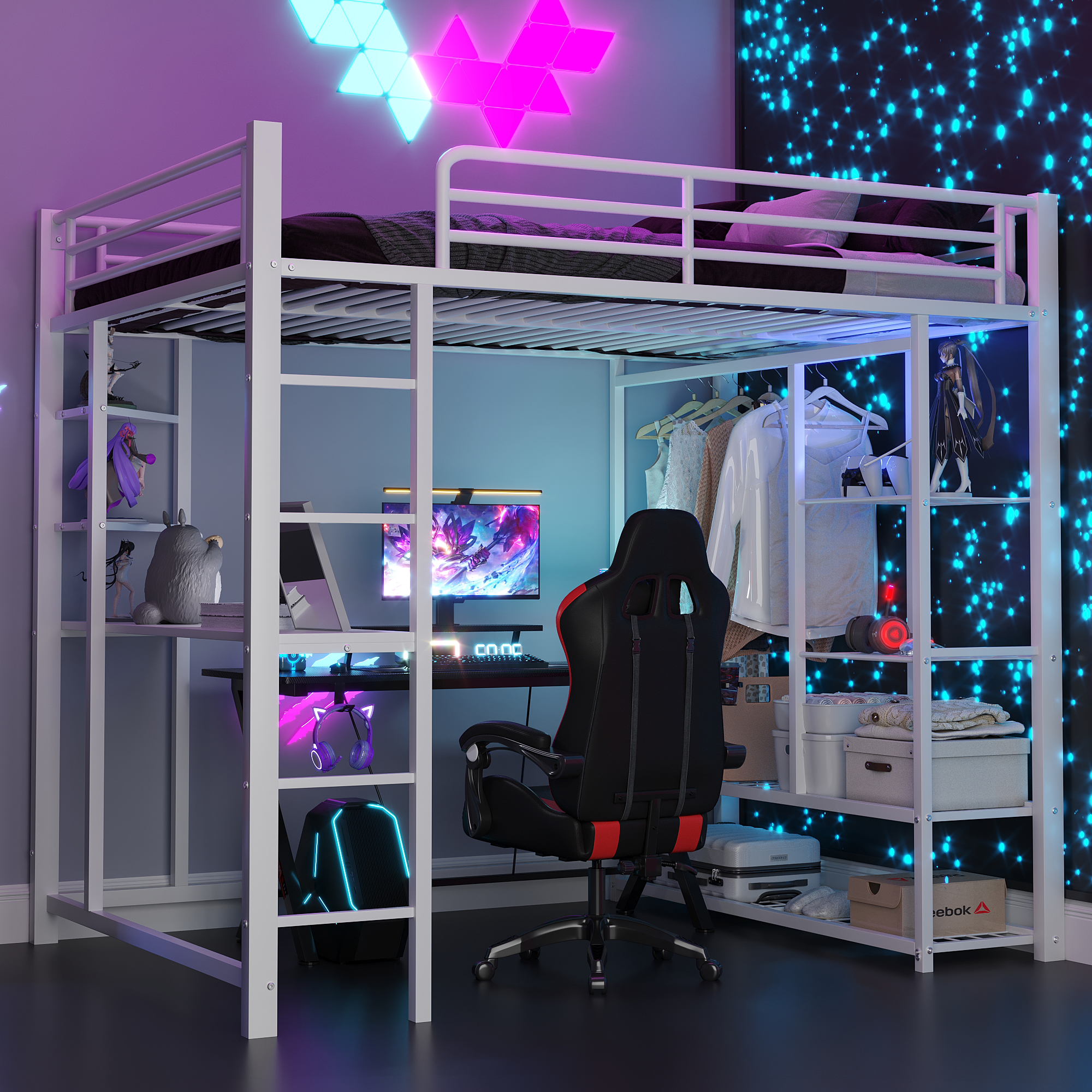 Metal Loft Bed With Ladder 140X 200 Cm, Junior Bed Double Bed With Table With Simple Hangers With Storage Compartments, White