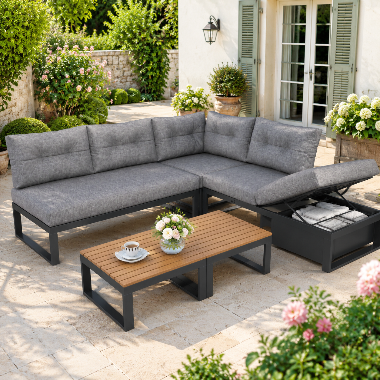 Multi-purpose Garden Furniture Set With 3-stage Adjustable Backrest And Reclining Function, Thick Comfort Cushions, Storage Space And Weatherproof Polyester Cover - For Terrace, Balcony And Garden.