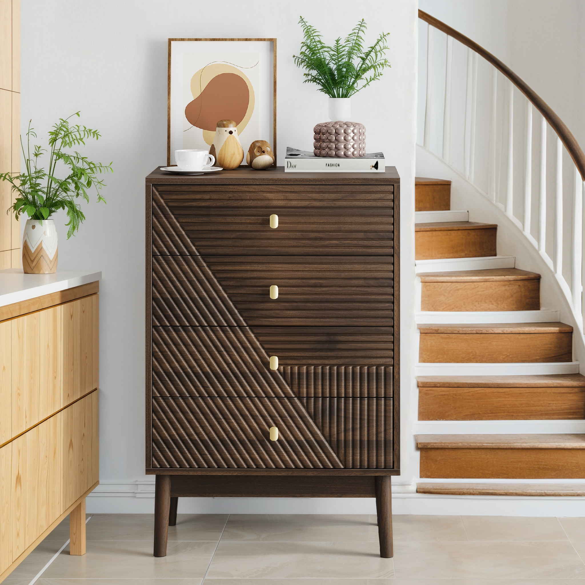 4 Drawer Chest Of Drawers, Modern Wardrobe Dresser, Wooden Storage Cabinet, Dressing Table Storage Cabinet For Living Room, Bedroom, Hallway  Walnut