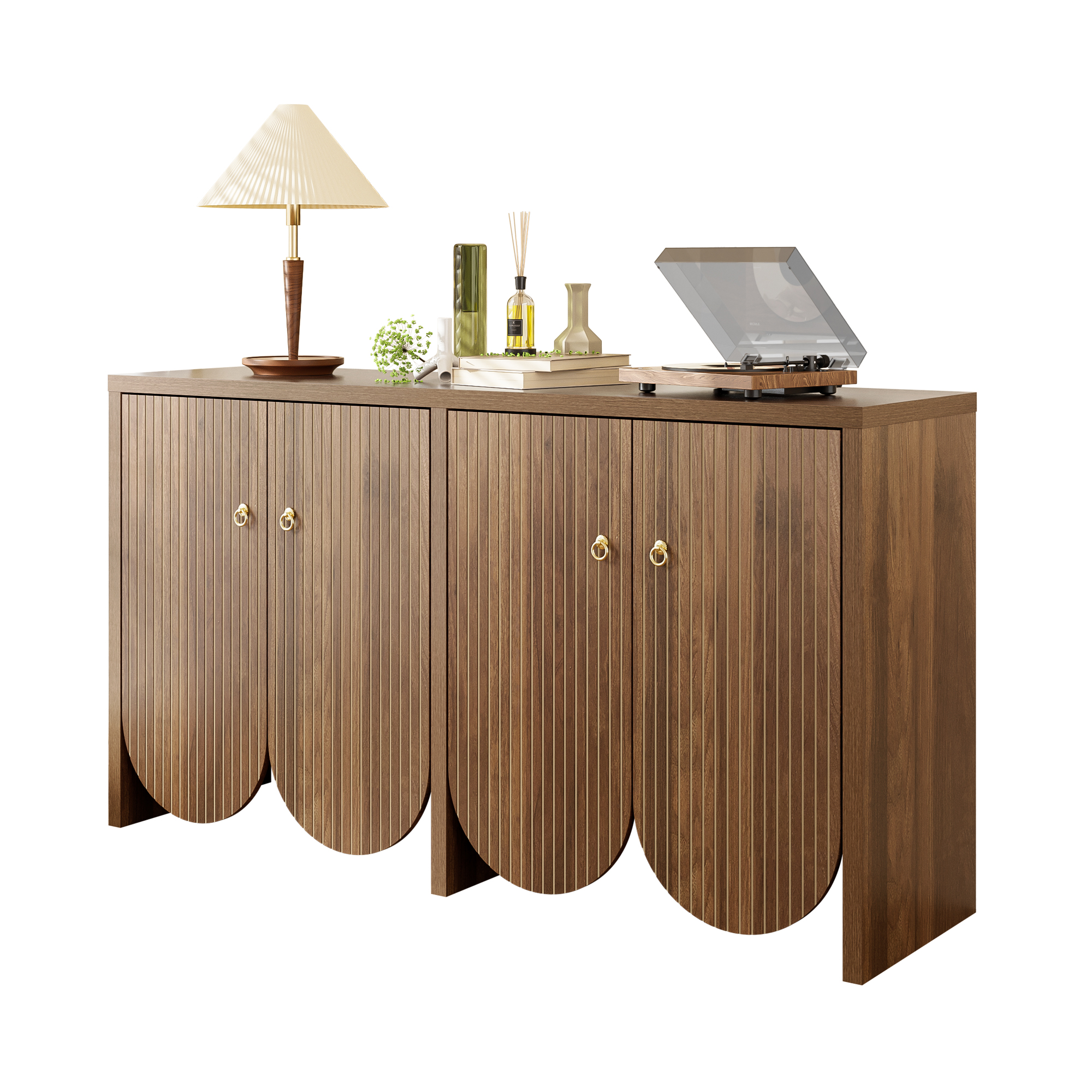 Elegant Walnut Sideboard  147x40x80 Cm With 4 Doors, Adjustable Shelves & Aluminium Handles  Versatile Storage Cabinet For Living Room, Dining Room & Hallway