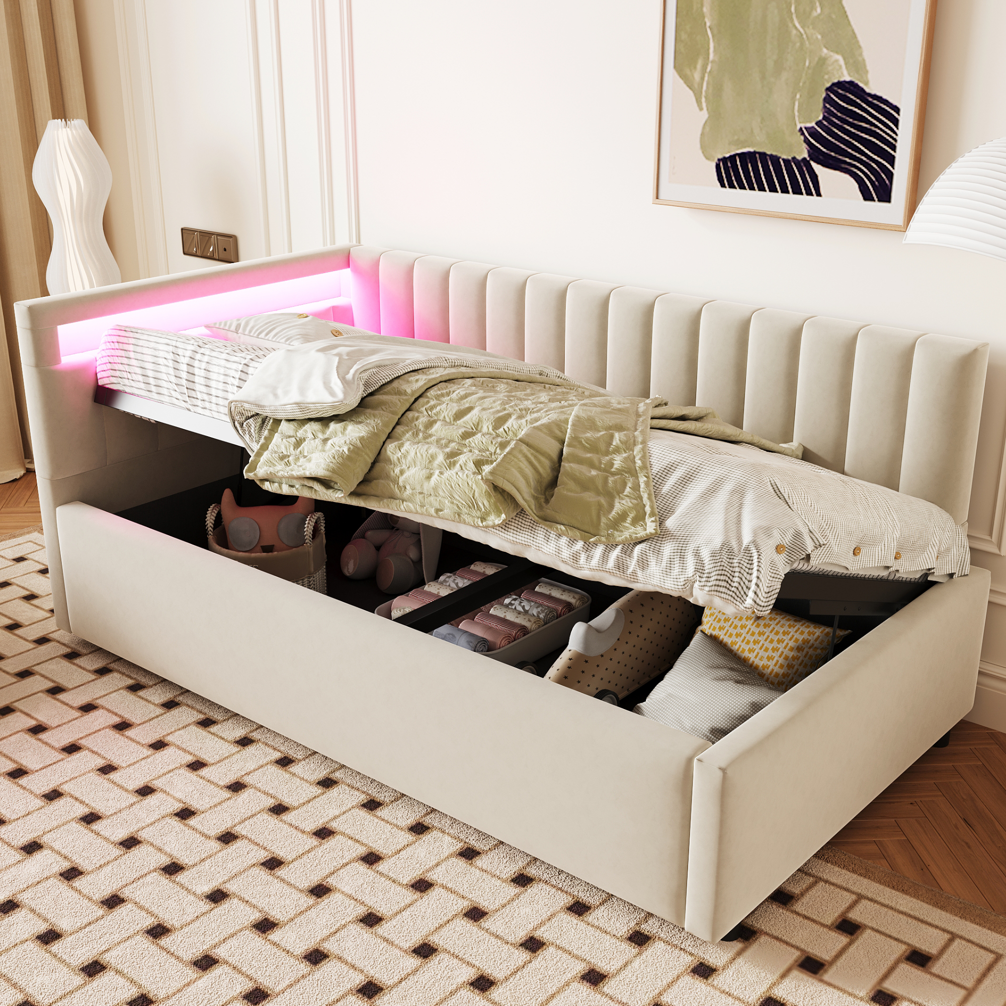 Upholstered Bed Sofa Bed 90x200, With LED Lighting And Hydraulic Storage, Classic Vertical Stripe Design, Side Headboards With Interchangeable Positions, Slatted Base, Velvet Fabric, Beige