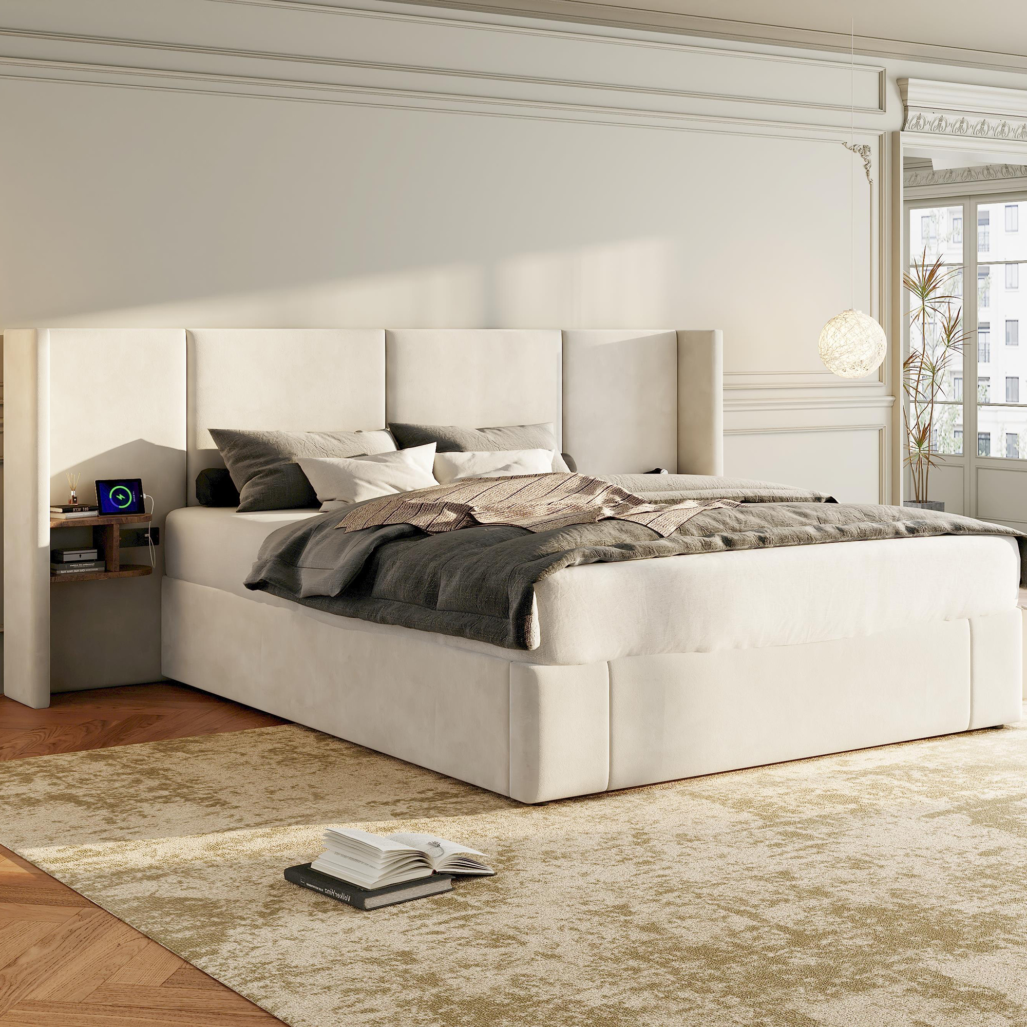 Upholstered Bed 160 X 200 Cm, Hydraulic Wide-eared Bed With USB Port, With Sockets, With Two Bedside Tables With Storage Space, Wooden Slatted Base, Easy Construction, Velvet, Beige