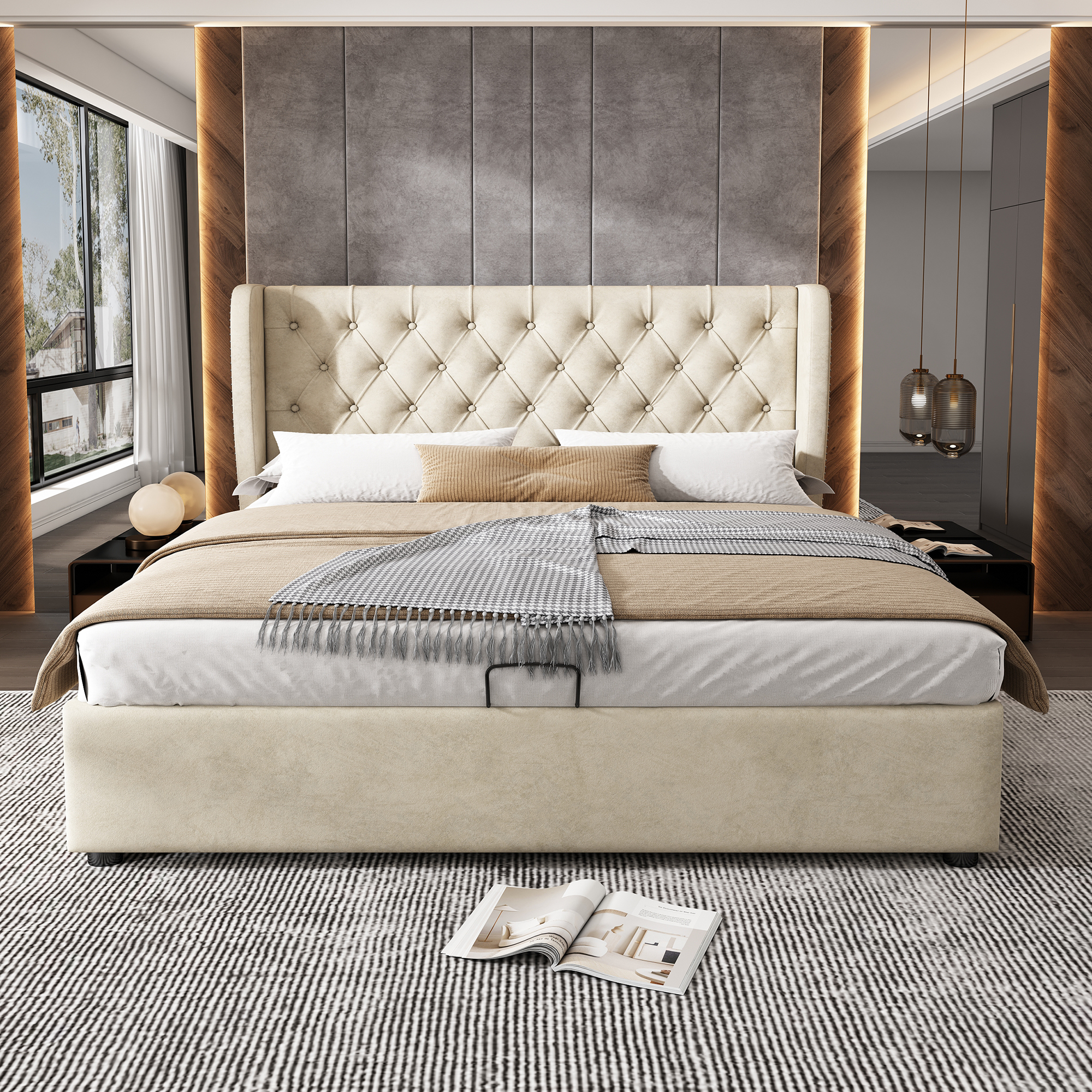 Upholstered Bed Ear Shape Velvet Fabric Large Button Seams Double Bed 180x200, Hydraulic Functional Bed With Slatted Base And Storage Space, Bed Bottom Is Made With A Dirt-Repellent Black Non-Woven Fa