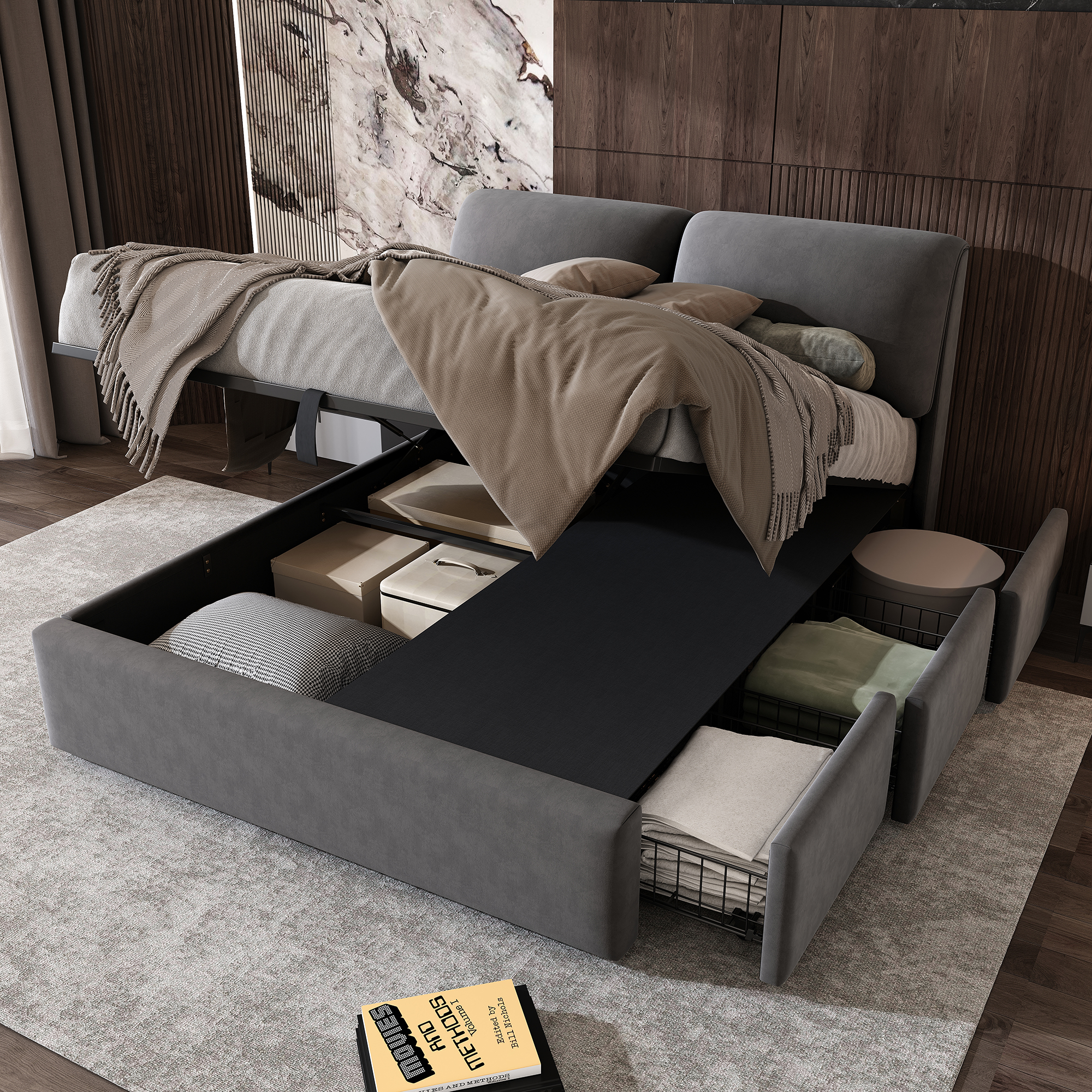 Upholstered Bed, 140X190, Hydraulic Bed Base, Three Drawers, Storage Box, Slatted Bed Base With Headboard, Without Mattress, Velvet, Grey