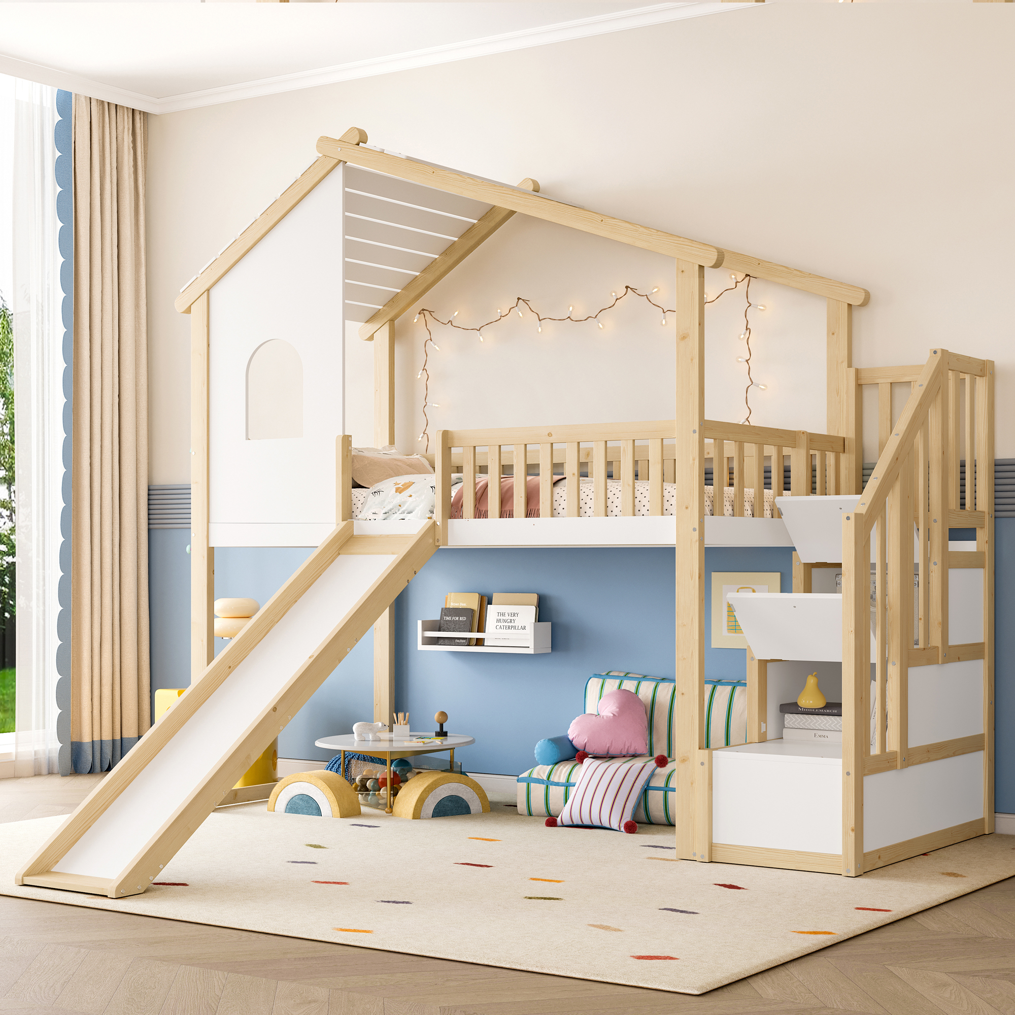 Loft Bed, 90x200cm, Bed Rail, Storage Ladder, Window, Slide, Skirting Board, Nature White