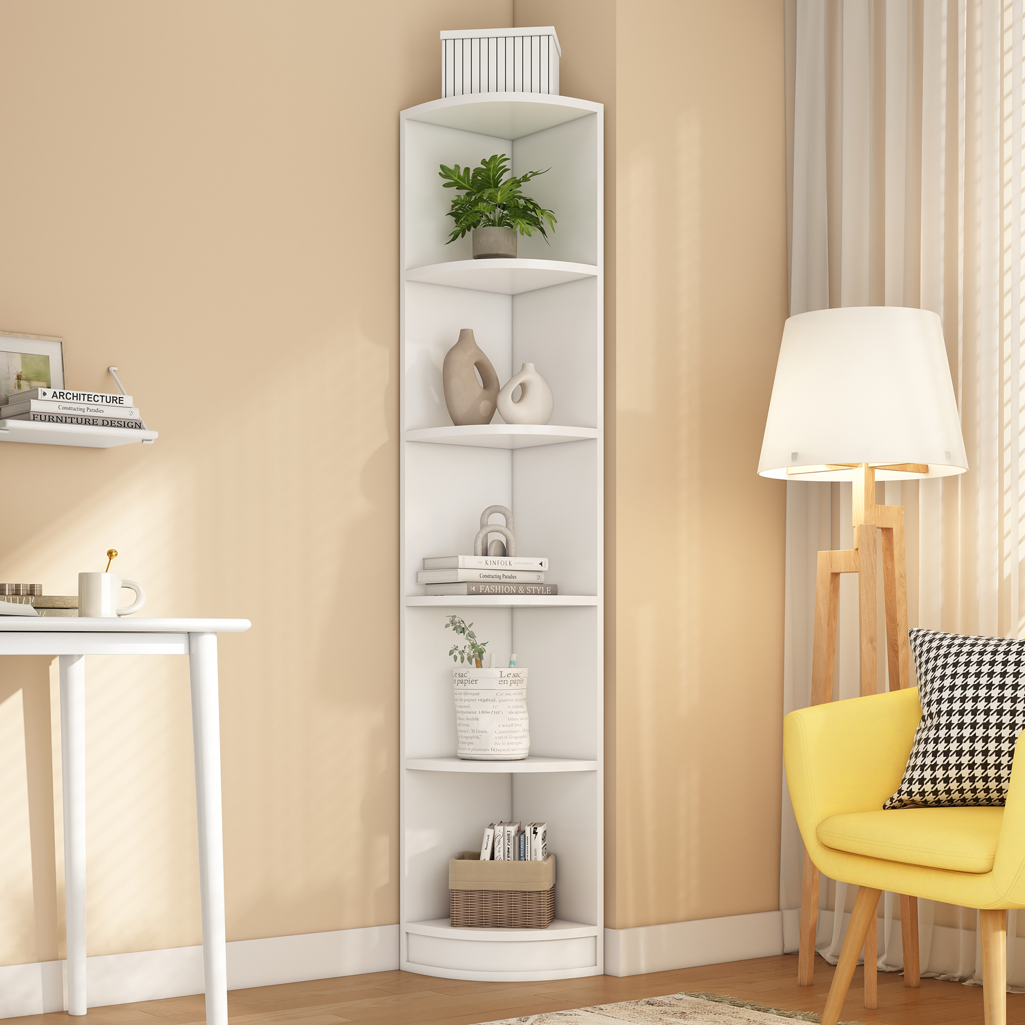 Corner Bookcase, Shelf, Storage Shelf, MDF Material, Five-Ply Shelf, Simple Shape, Strong Bearing Capacity, White