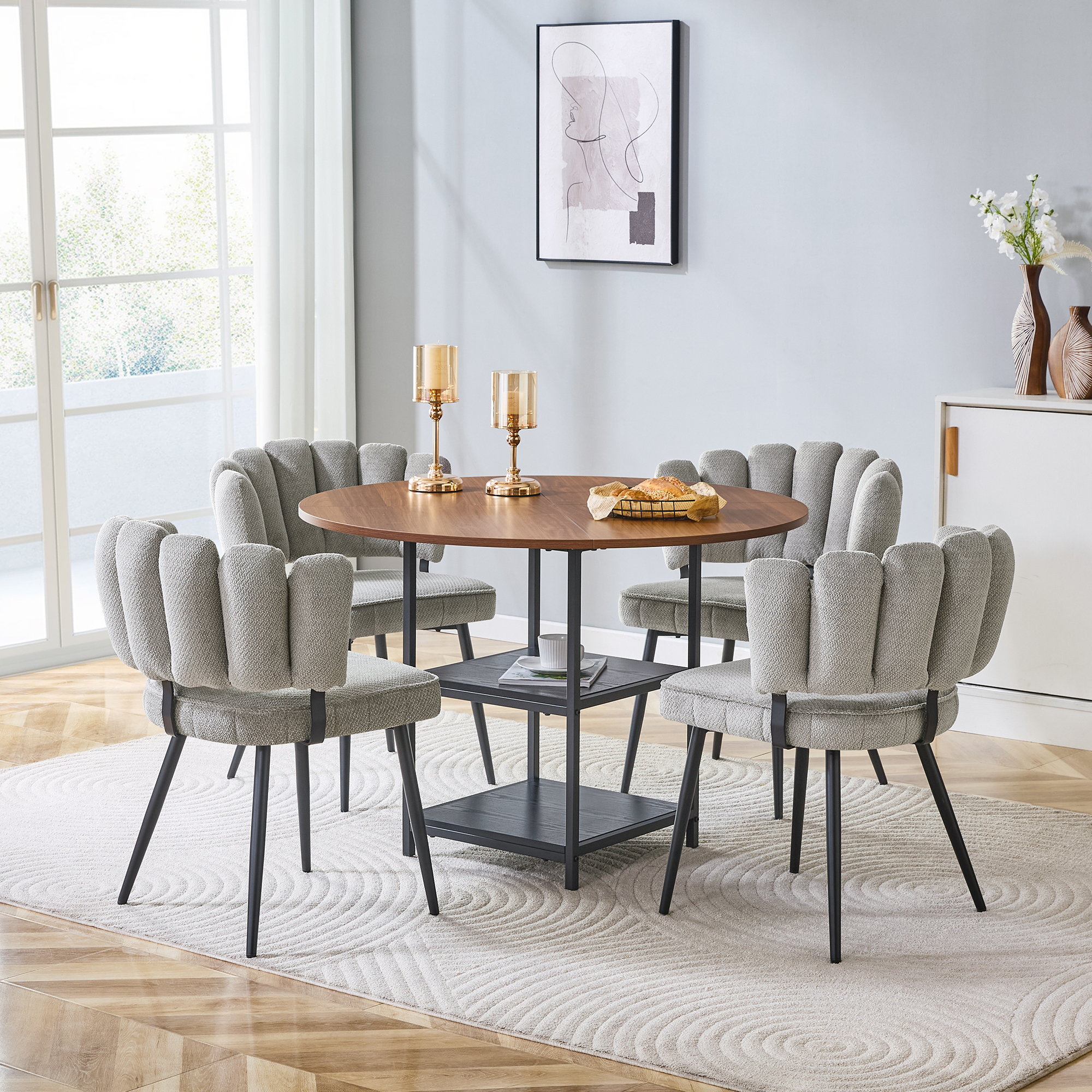 Table And Chair Set. Round 107 Cm Walnut Dining Table With Double Storage Level  4 Grey Fabric Dining Chairs With Textured Flower-shaped Backrest  Ideal For Small Apartments.