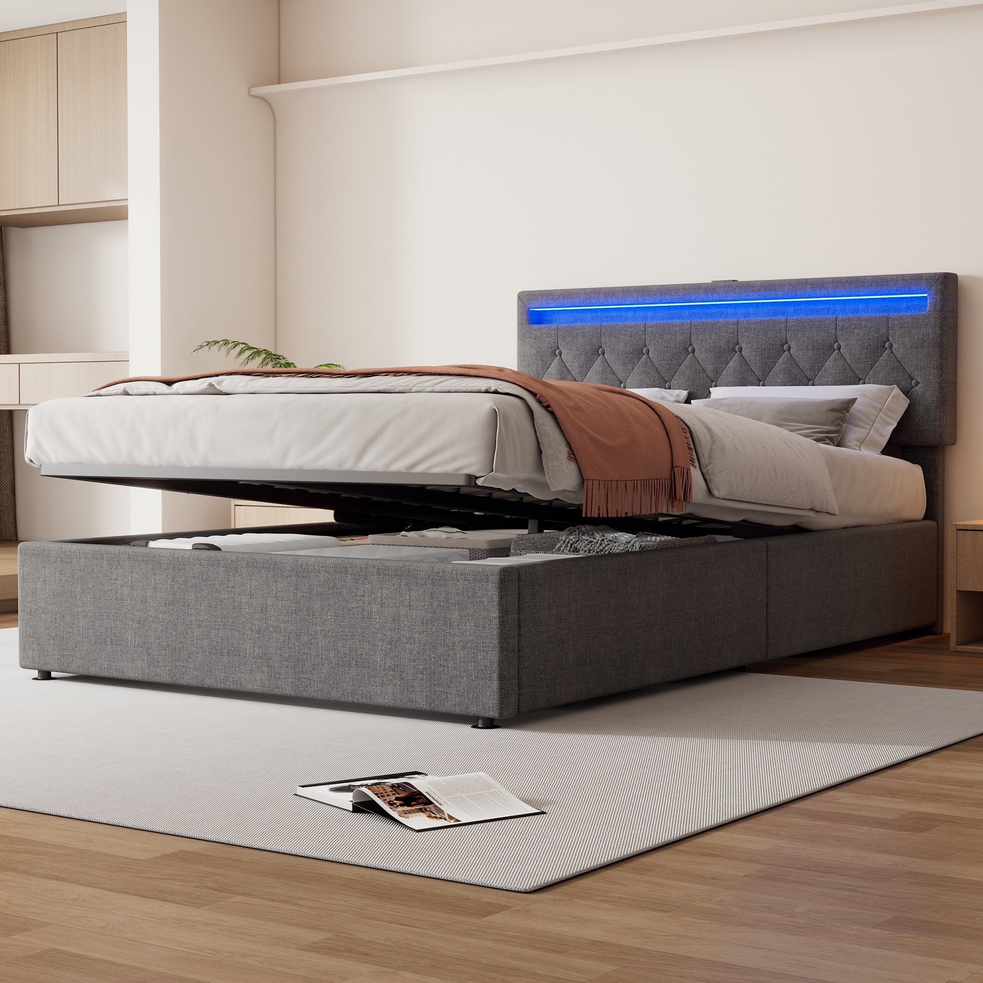 140X200cm Flat Bed, Upholstered Bed, Ambient Light By The Bed, Bed Can Be Raised And Lowered, USB And Type-C Socket By The Bed, Large Storage Space,Gray