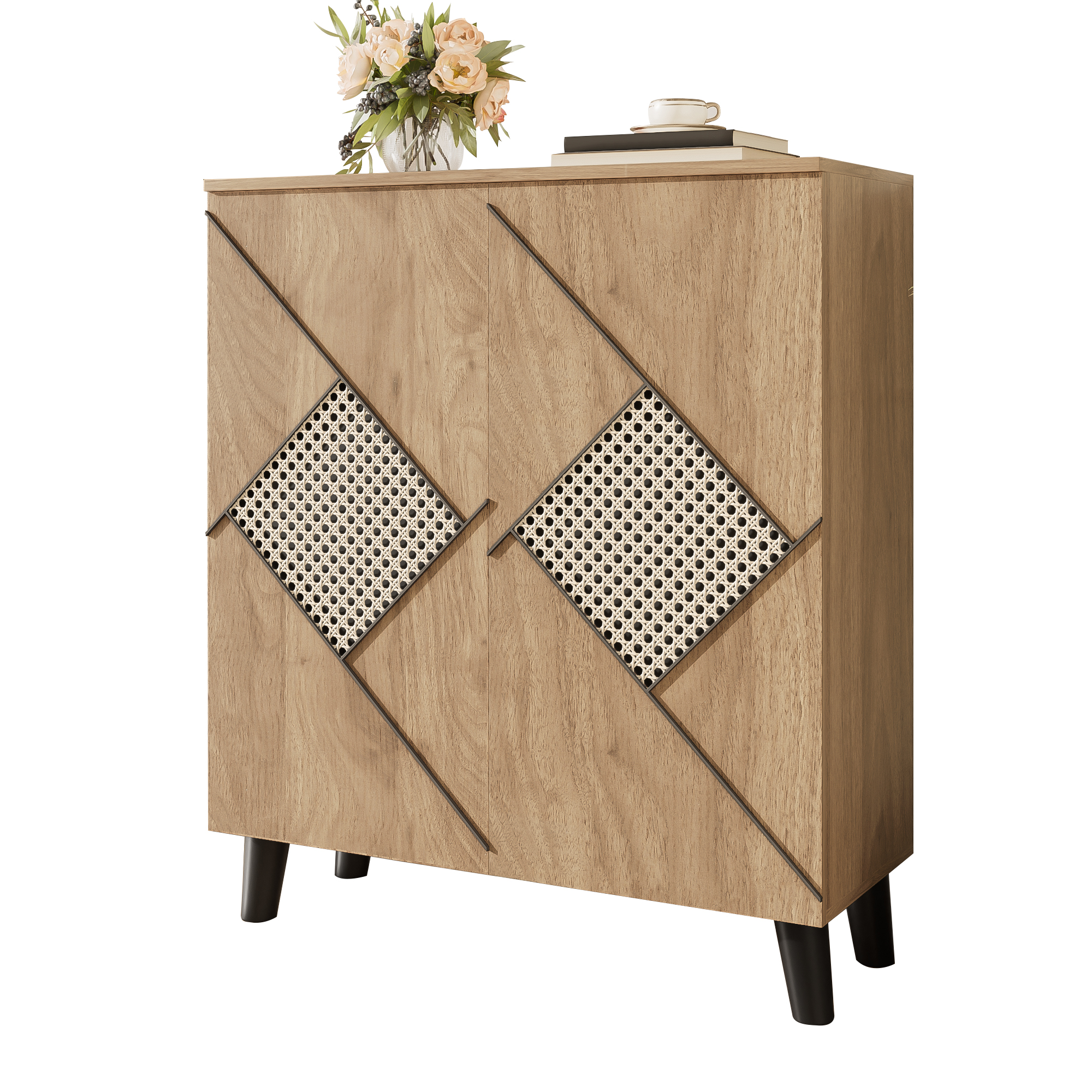 Modern Shoe Cabinet With Decorative Rattan Pattern, 80x32x91 Cm, Stylish Hallway Cabinet With Storage Space, Closed Doors, Storage Space