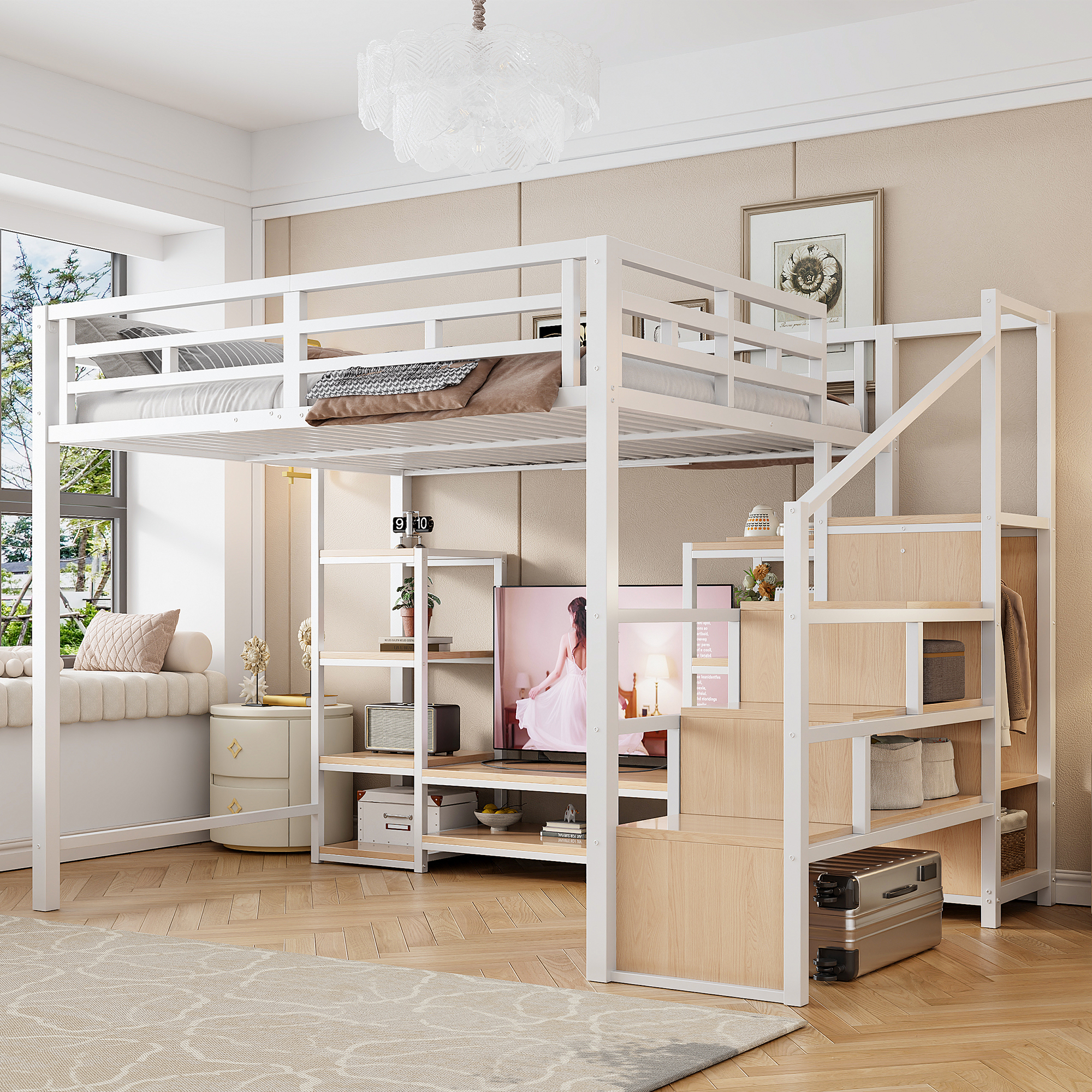 Loft Bed 140x200 With TV Stand, Socket And Safety Ladder, Stable Metal-wood Combination, Modern, Space-saving Loft Bed, Children's Bunk Bed With Practical Storage Space, White
