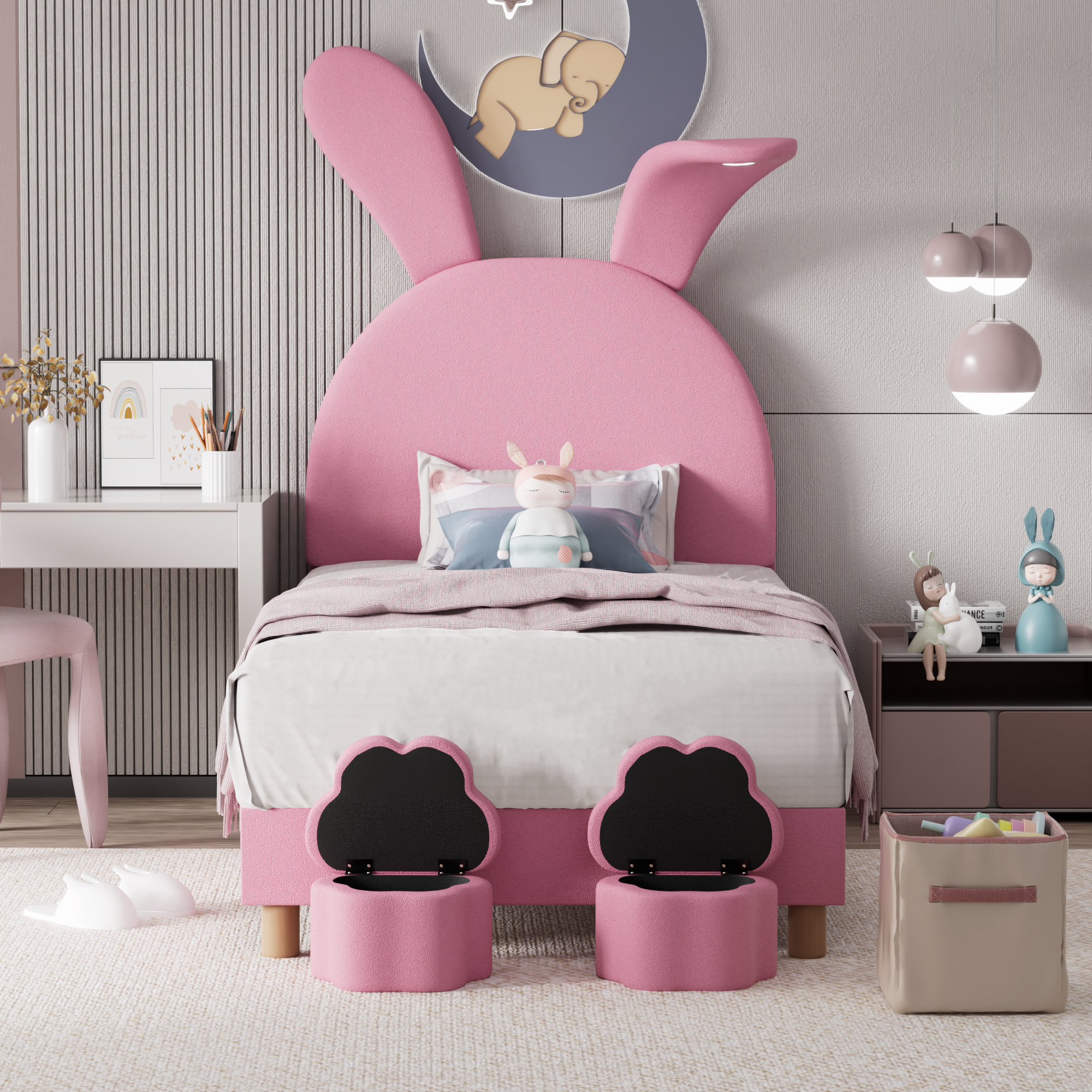 Upholstered Bed 90x200, With Two Storage Stools, LED Bedside Lighting, Fold-out Bunny Ears, Without Mattress, Youth Bed, Slatted Frame, Height-adjustable Headboard, French Velvet,