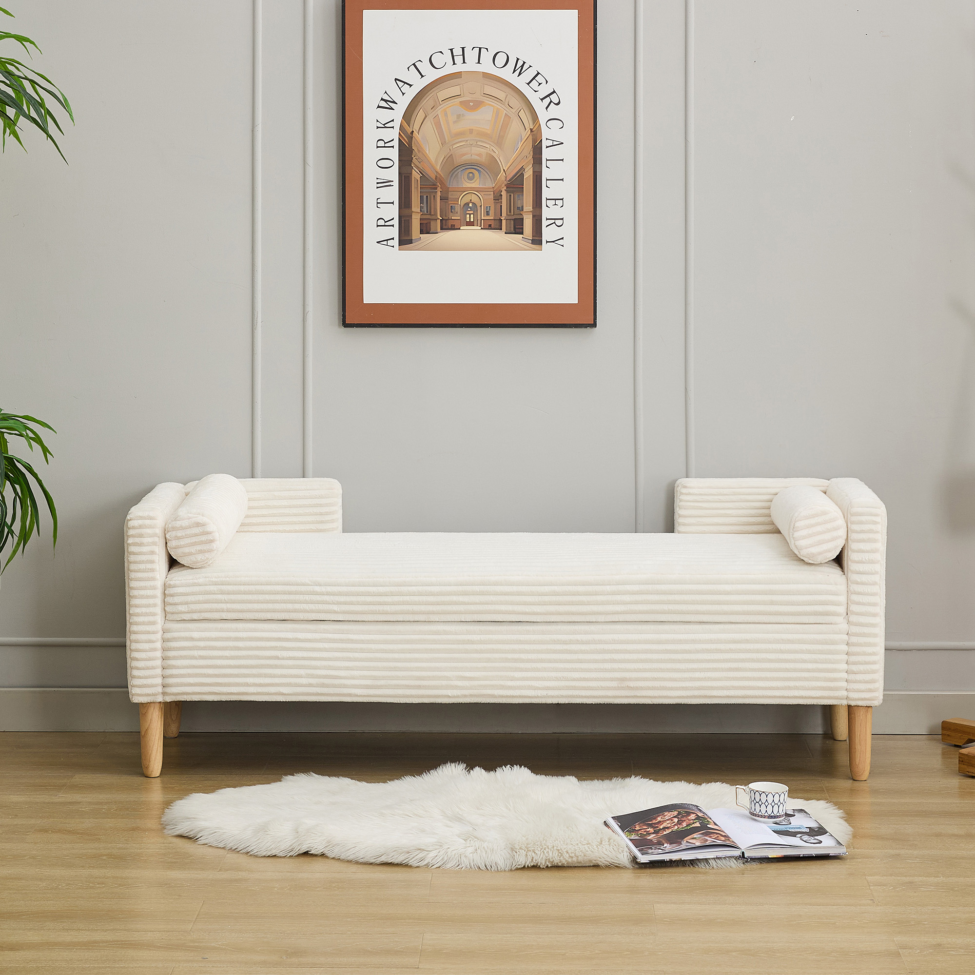 Velvet Velvet Storage Stool With Armrests, Backrest And Two Rolling Cushions   For Living Room, Entrance And Bedroom,IVORY