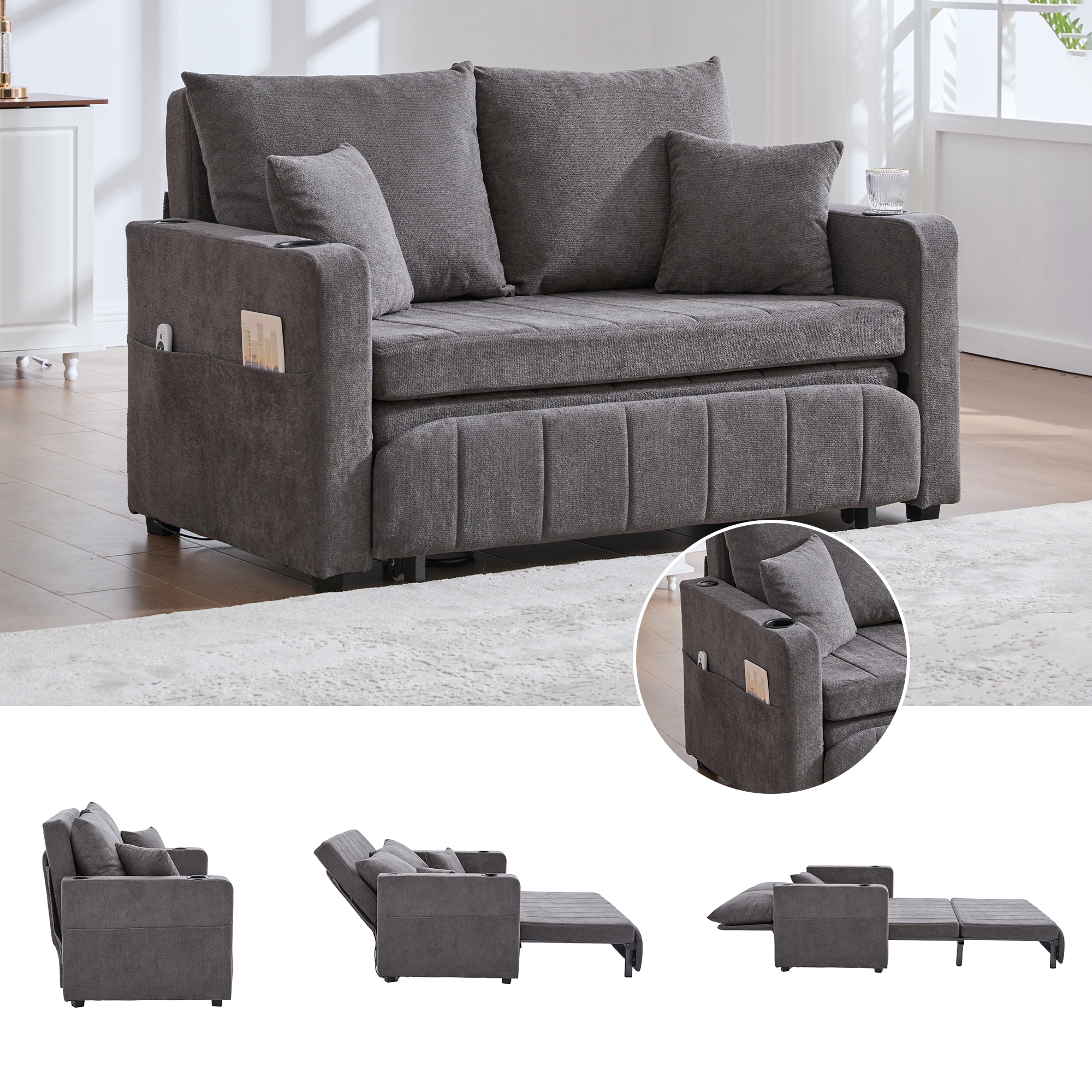 Multifunctional Fabric Sofa, Pull-out Folding Sofa, Usable As A Sofa Or Bed, With Storage Pockets On The Armrests, USB Charging Function And Cup Holders  Grey Chenille Fabric