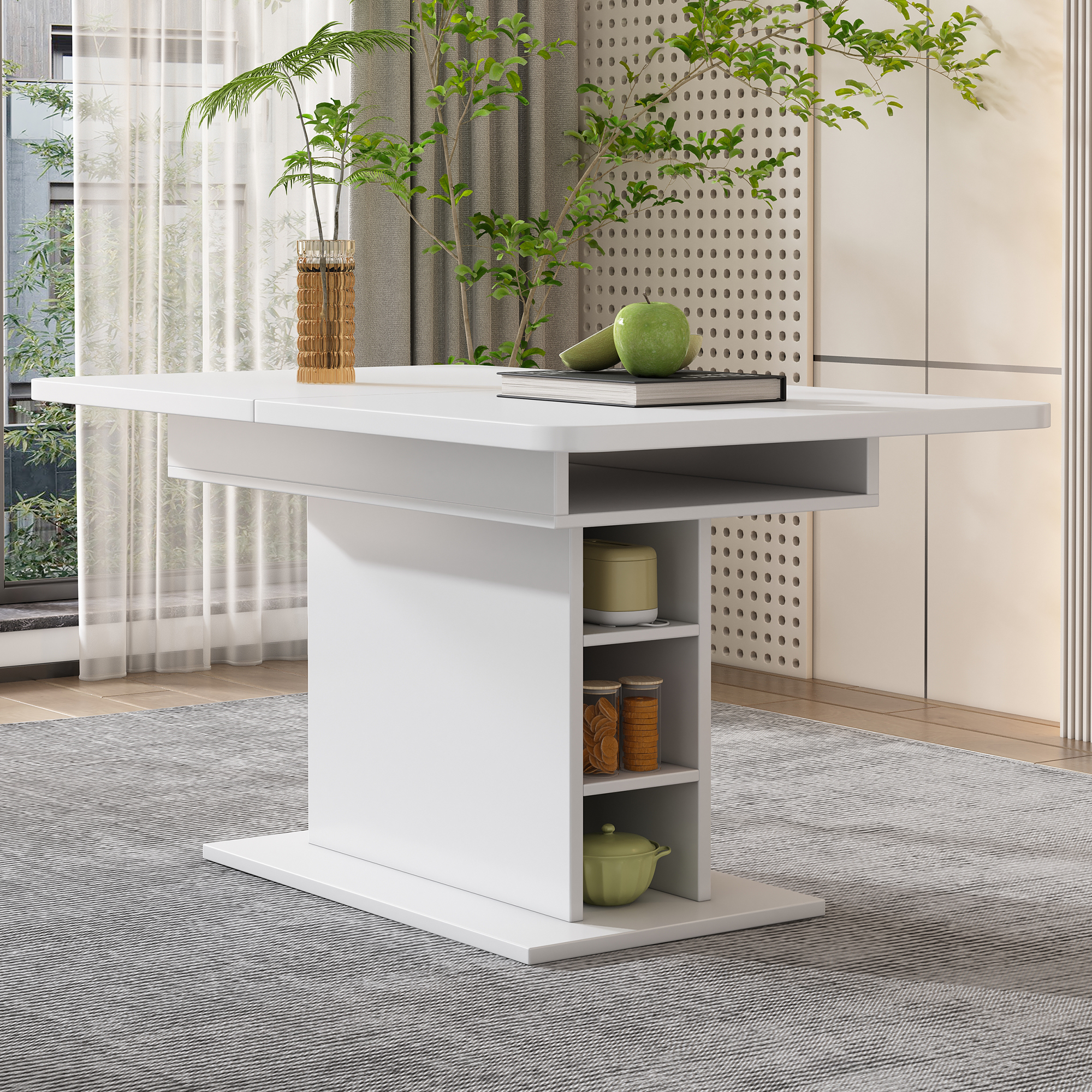 Expandable Dining Table, Dining Table With Storage, Rectangular Dining Table, Coffee Leisure Table, Modern Simple Iron Dining Table, Space-Saving Multifunctional Dining Table, White