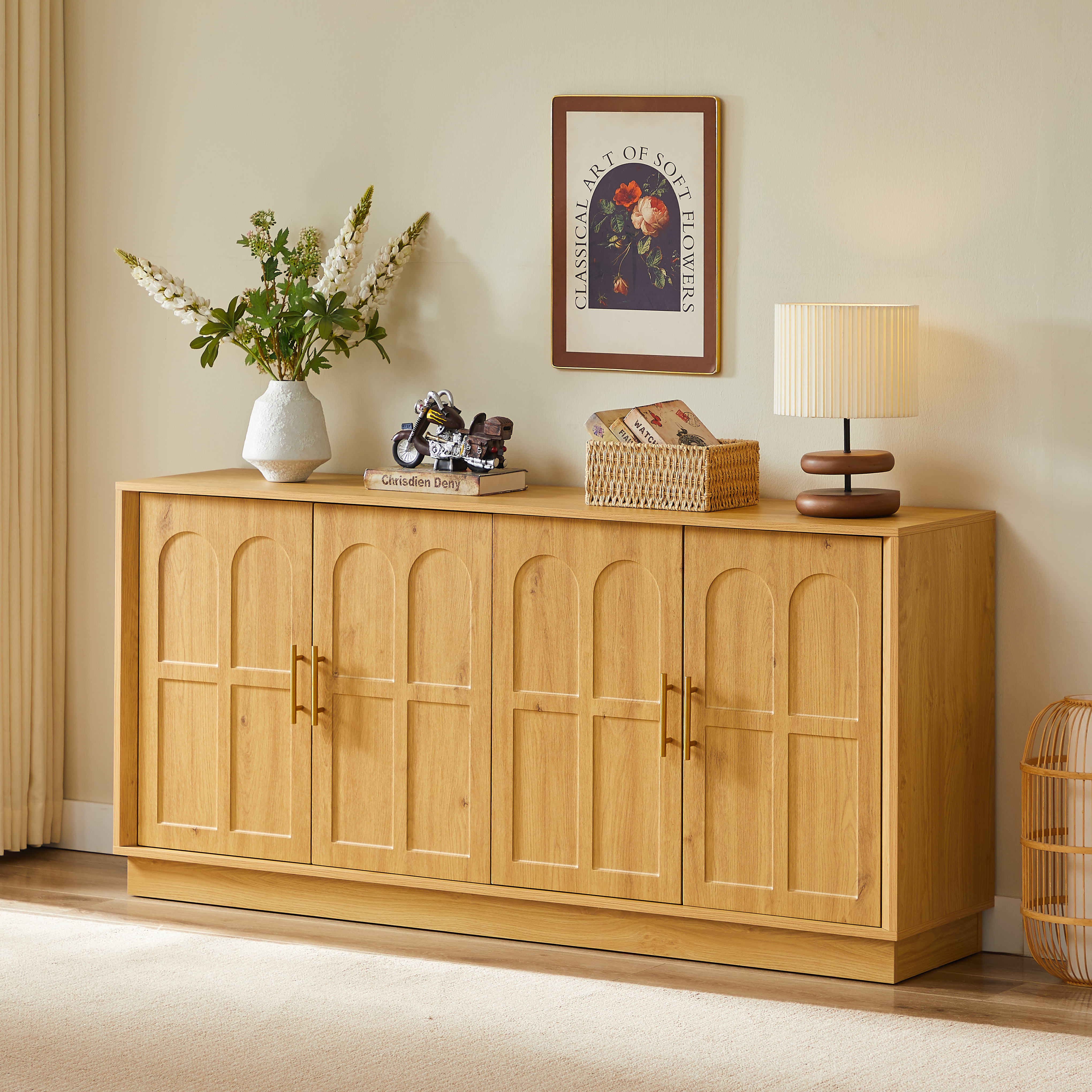 Extra Large Sideboard With Storage, Modern Display Case With Arched Front, 169cm Long TV Cabinet, Suitable For Living Room Kitchen Dining Room Hallway, Natural, 169x40x80cm