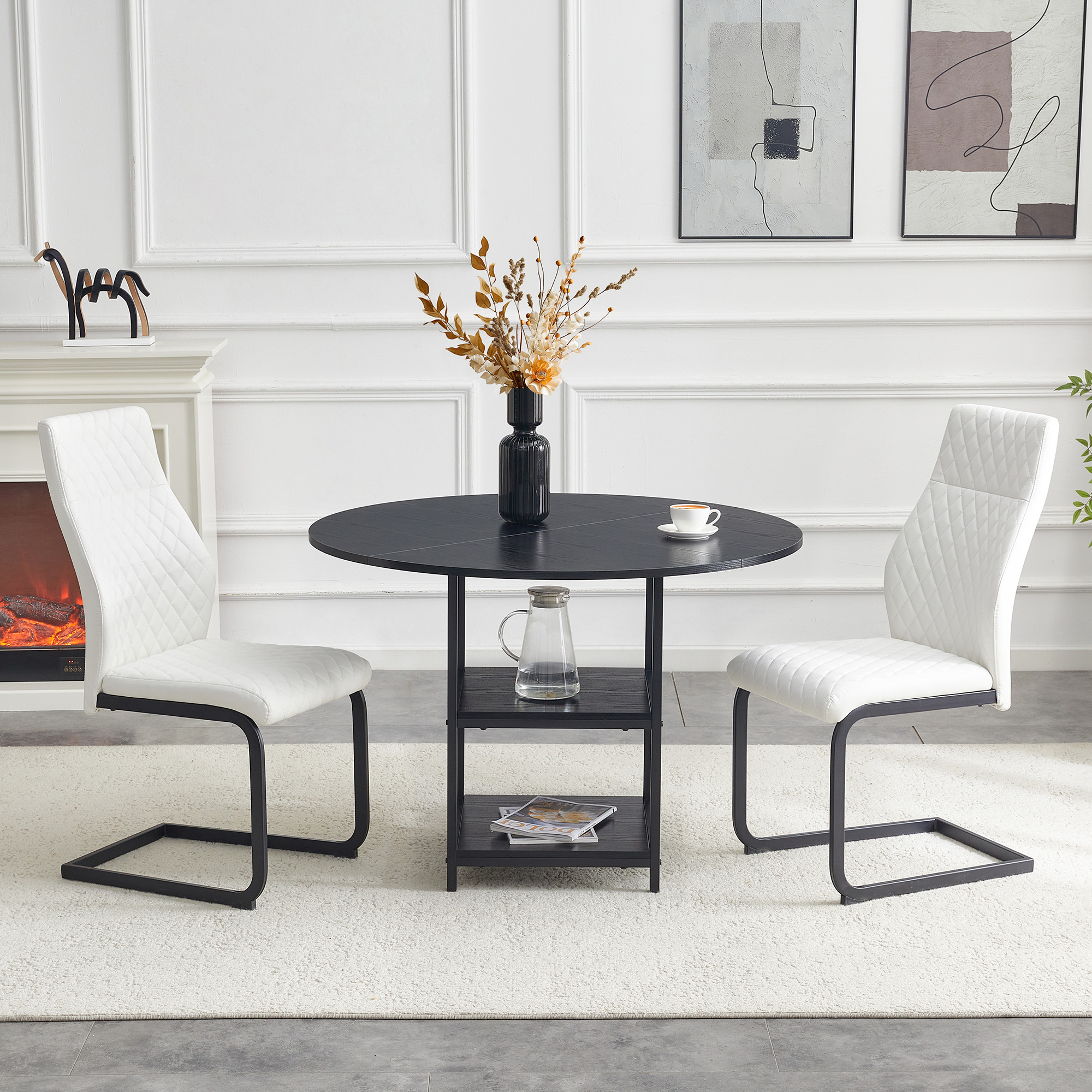 Table And Chair Set. Round 107 Cm Dining Table With Double Storage Level  2 White Dining Chairs With Diamond Pattern, MDF  Industrial Style Metal, Suitable For European Households.
