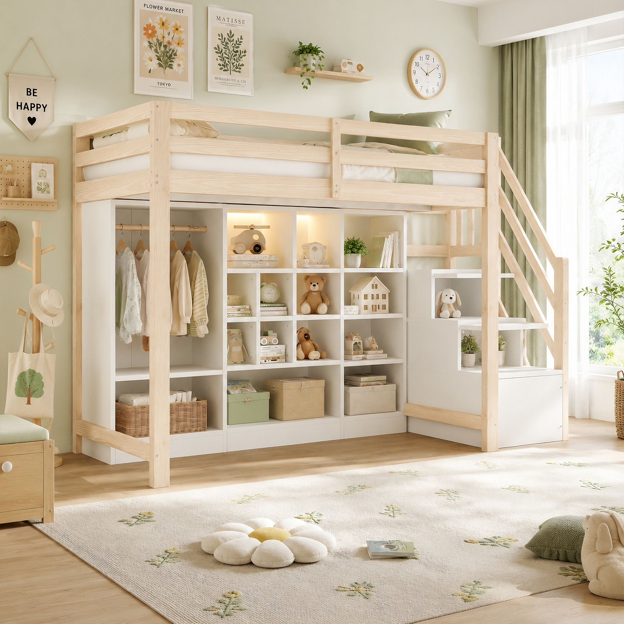 Loft Bed 90 X 200 Cm, With Storage Cupboards With Several Compartments And A Simple Wardrobe, With LED Lighting, Bed Frame And Integrated Side Ladder With Storage Space, Wood Colour